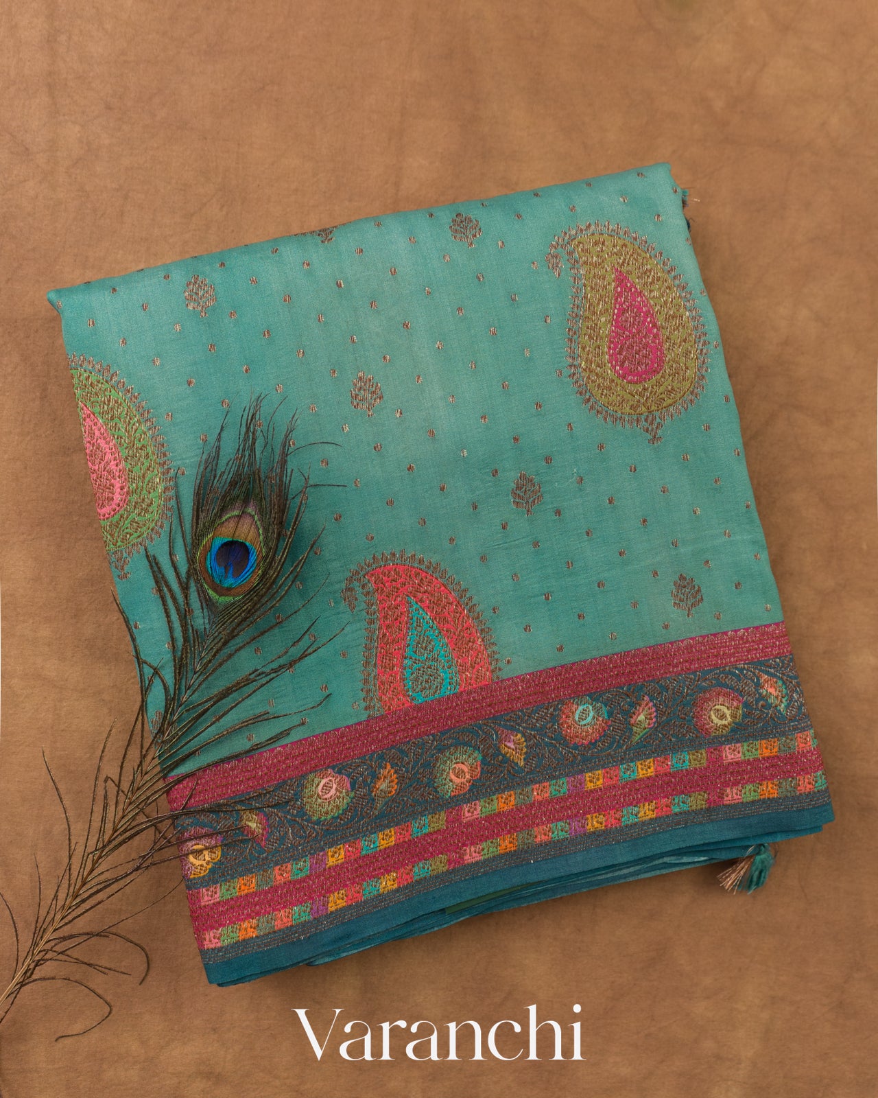 Teal Blue Pure Chiniya Silk Saree