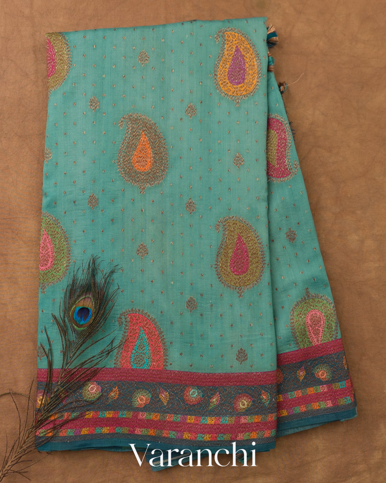 Teal Blue Pure Chiniya Silk Saree