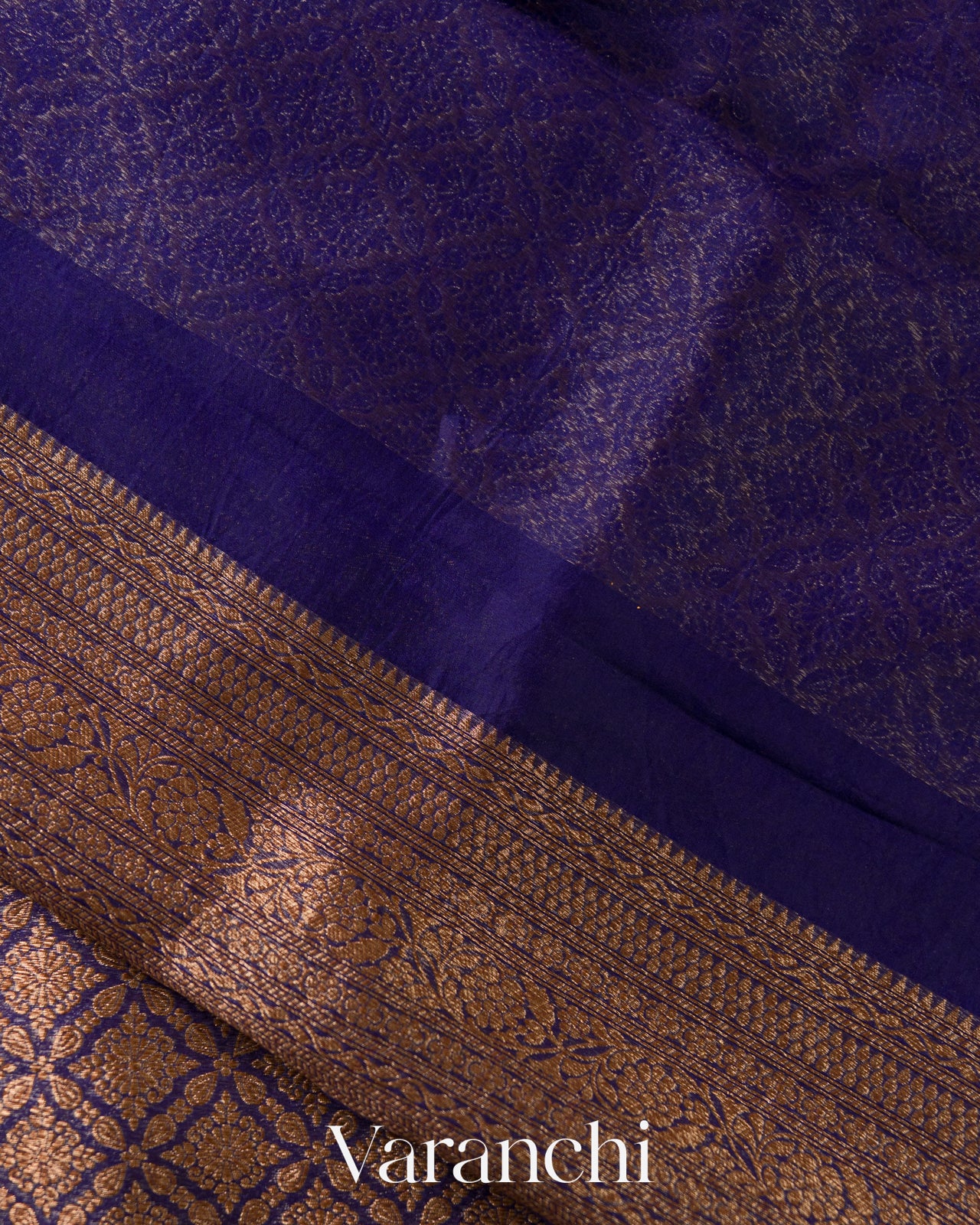 Navy Blue Brocade Pure Kora Silk Saree