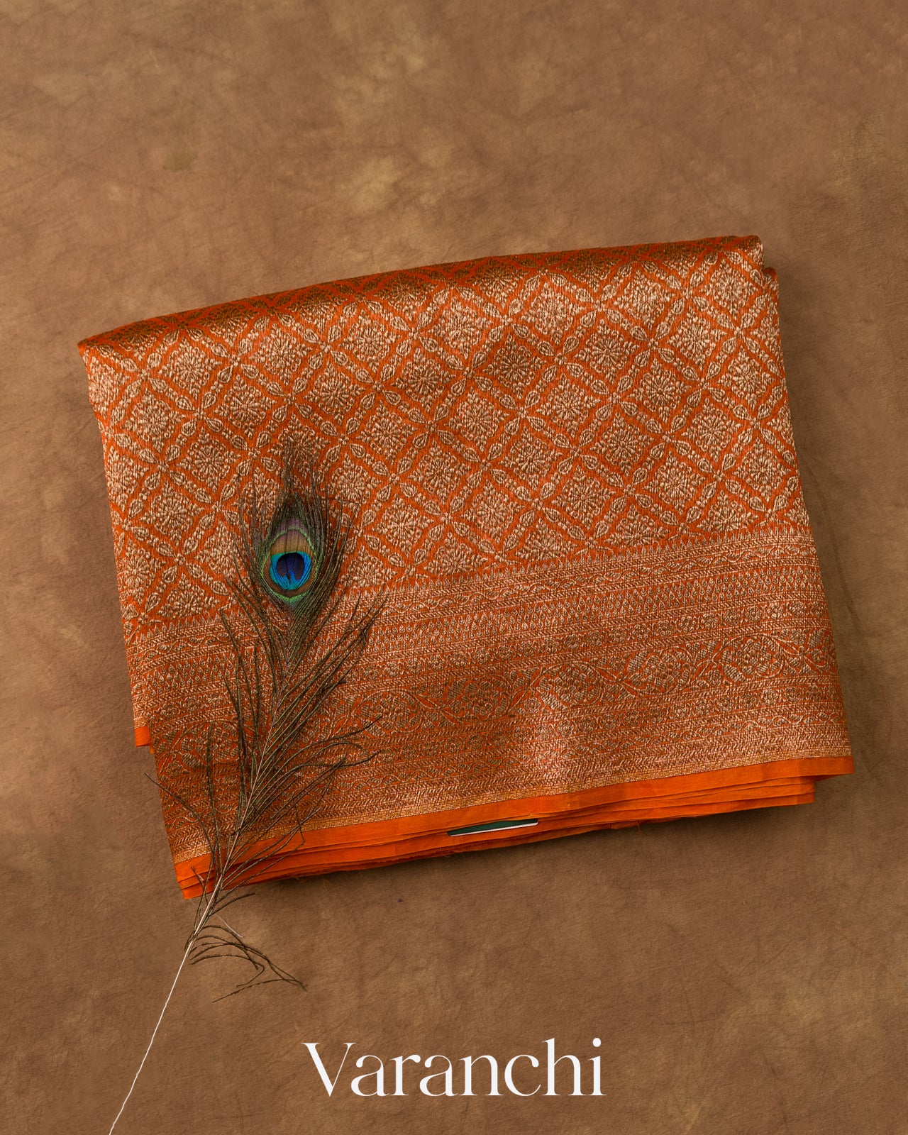 Rust Orange Brocade Pure Kora Silk Saree