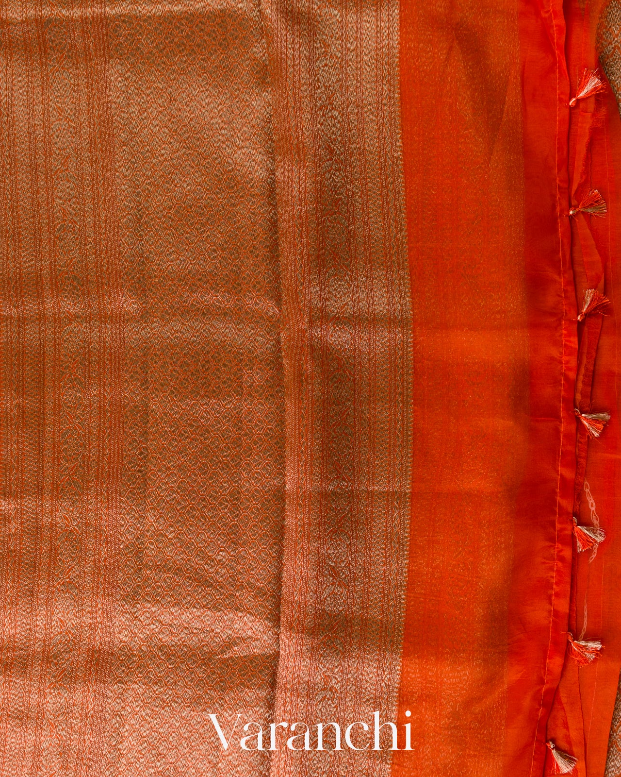 Rust Orange Brocade Pure Kora Silk Saree