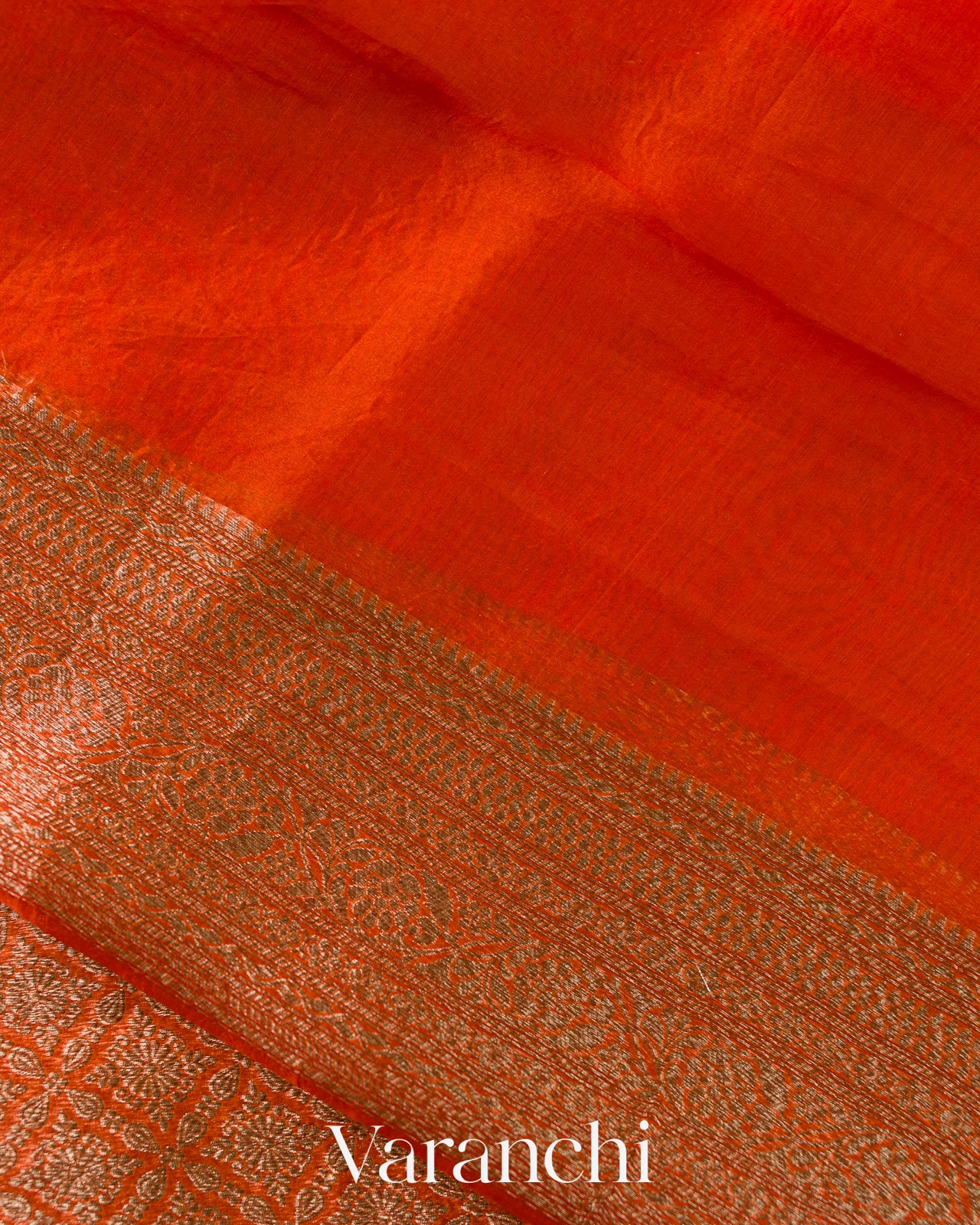 Rust Orange Brocade Pure Kora Silk Saree