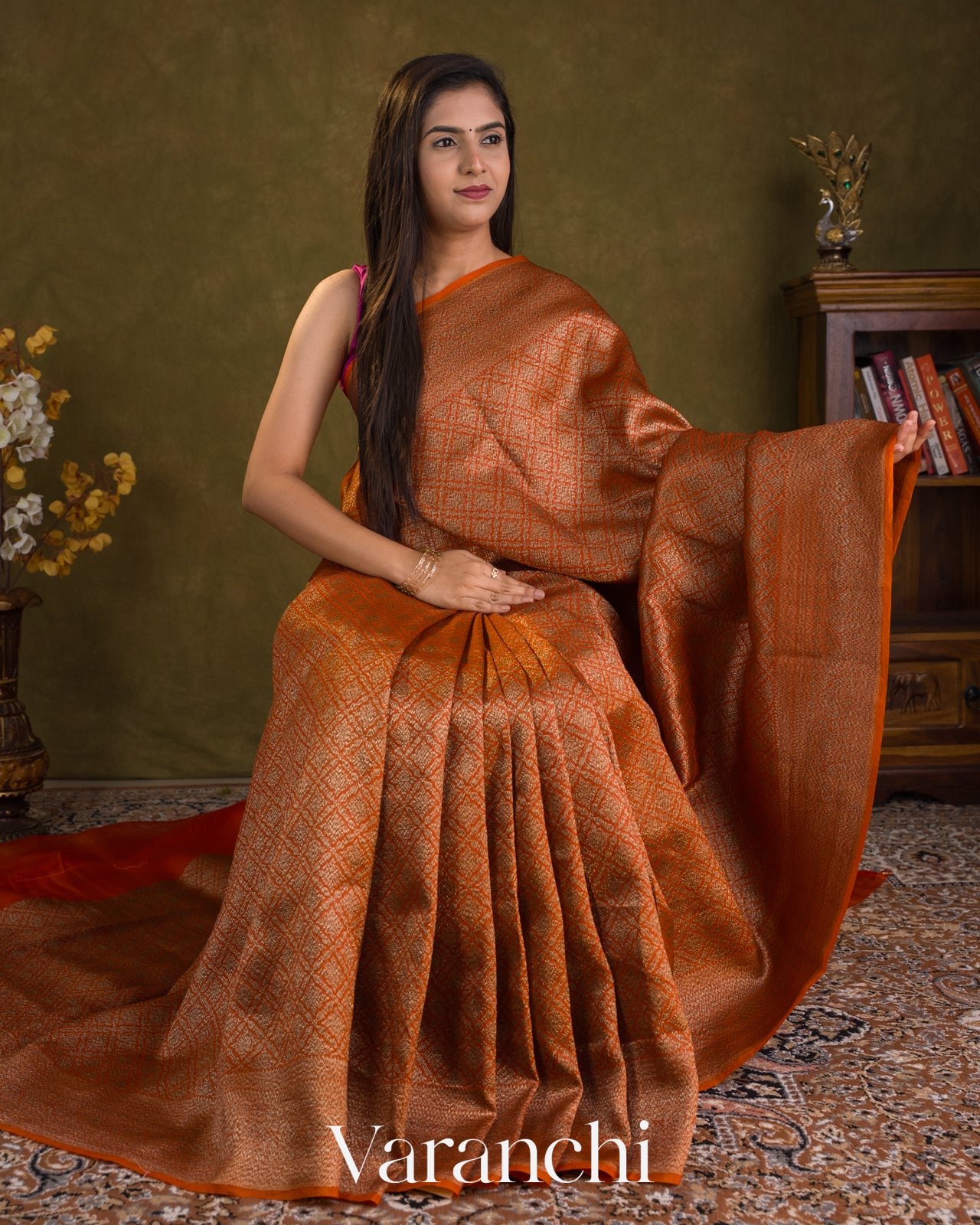 Rust Orange Brocade Pure Kora Silk Saree