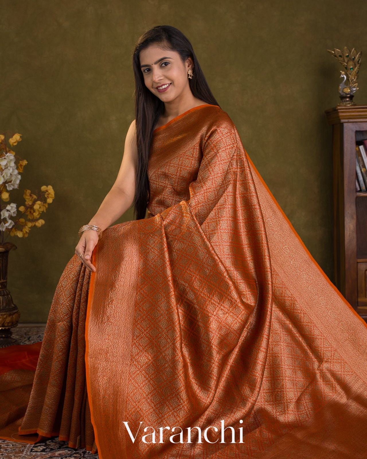 Rust Orange Brocade Pure Kora Silk Saree