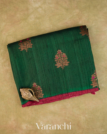Bottle Green Pure Raw Silk Handloom Saree