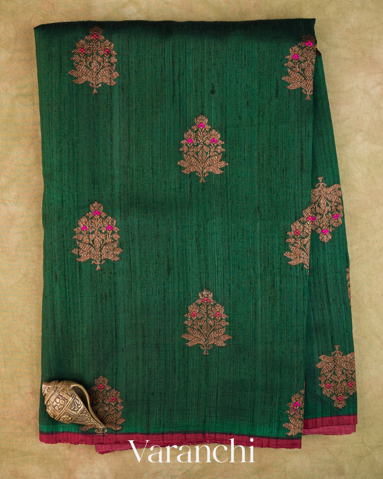 Bottle Green Pure Raw Silk Handloom Saree