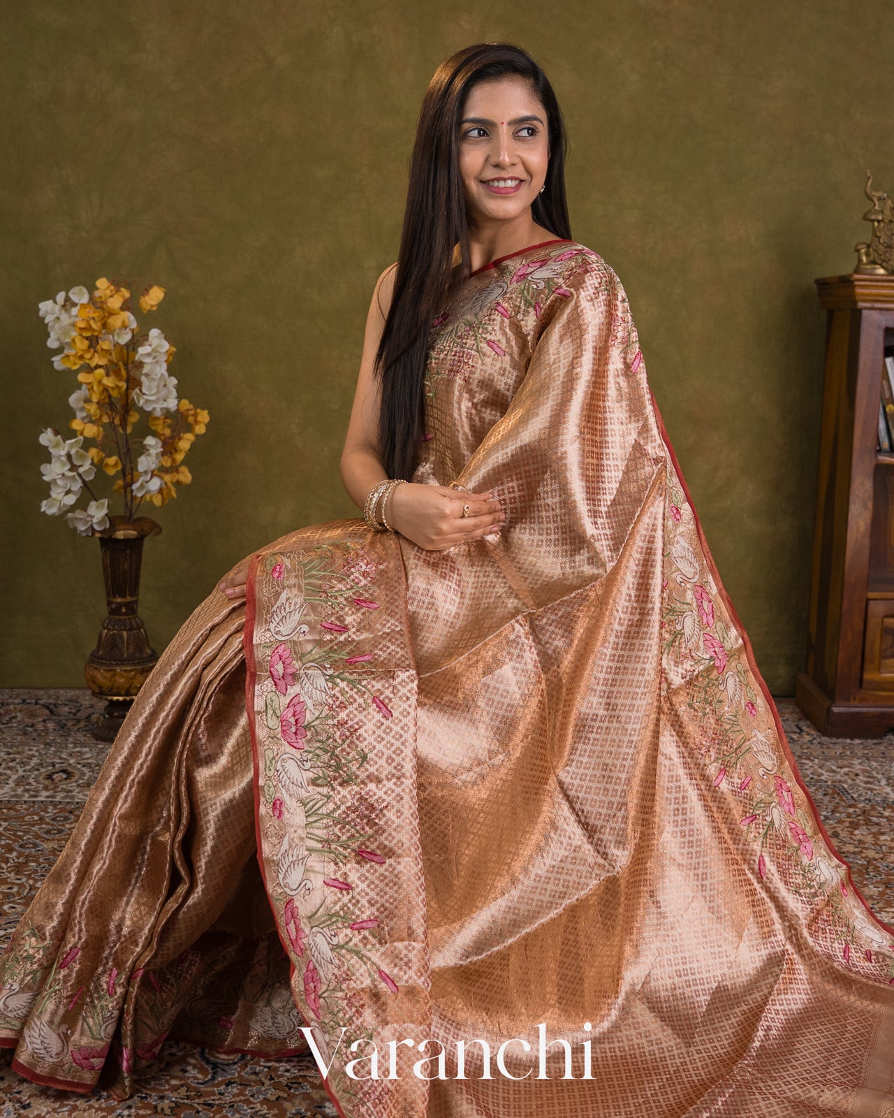 Rose Gold Brocade Pure Kora Silk Saree (fold Wrong Resolution)
