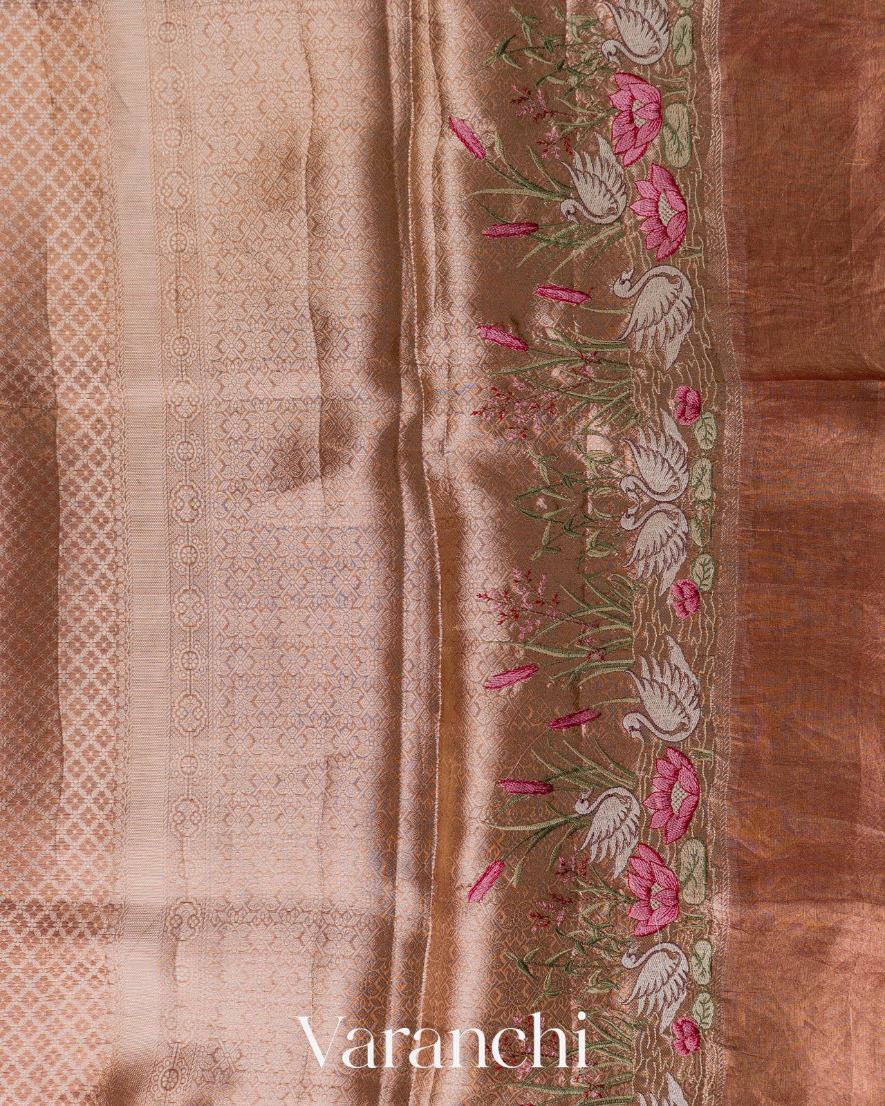 Rose Gold Brocade Pure Kora Silk Saree (fold Wrong Resolution)