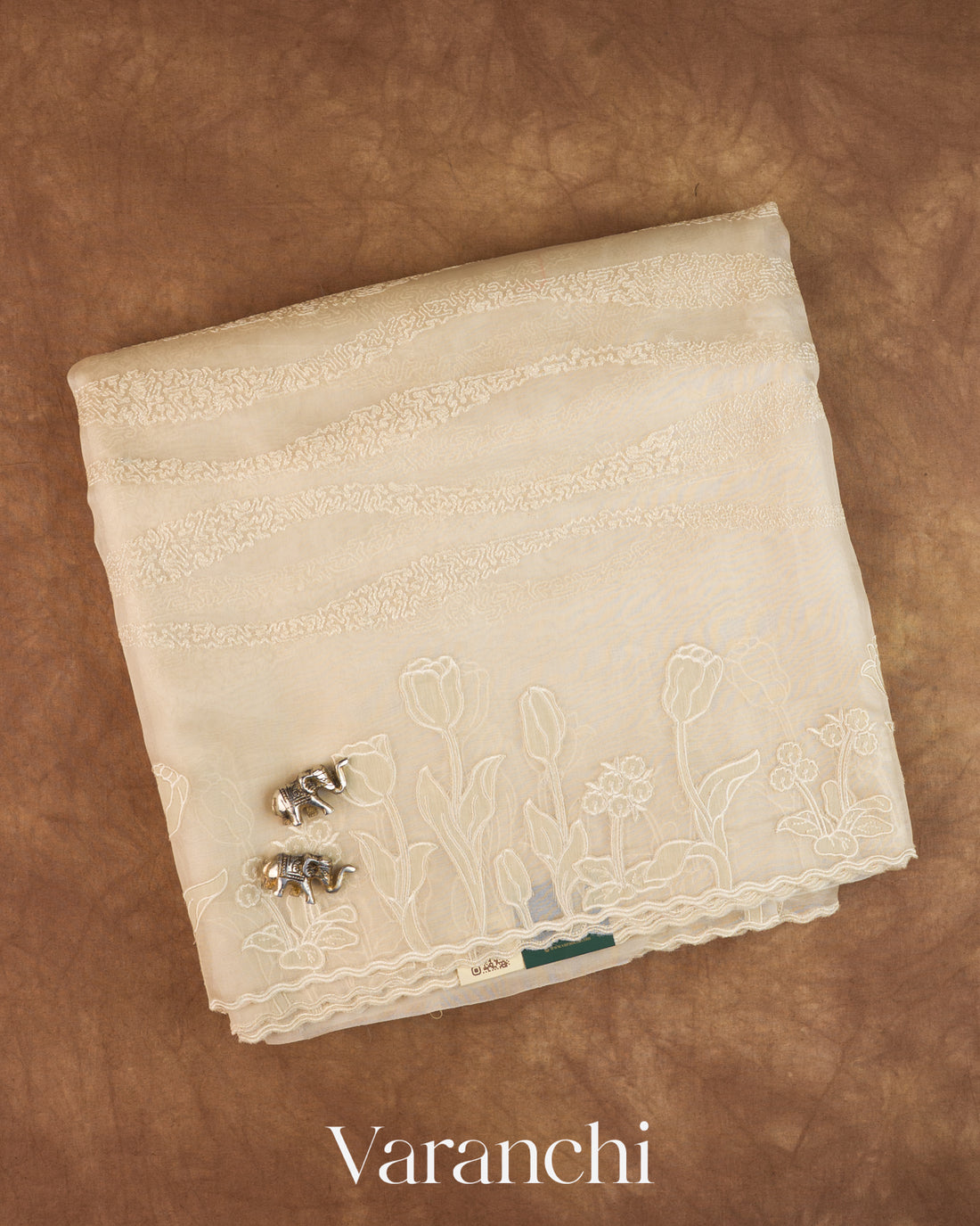 Off White Floral Embroidered Pure Kora Silk Saree
