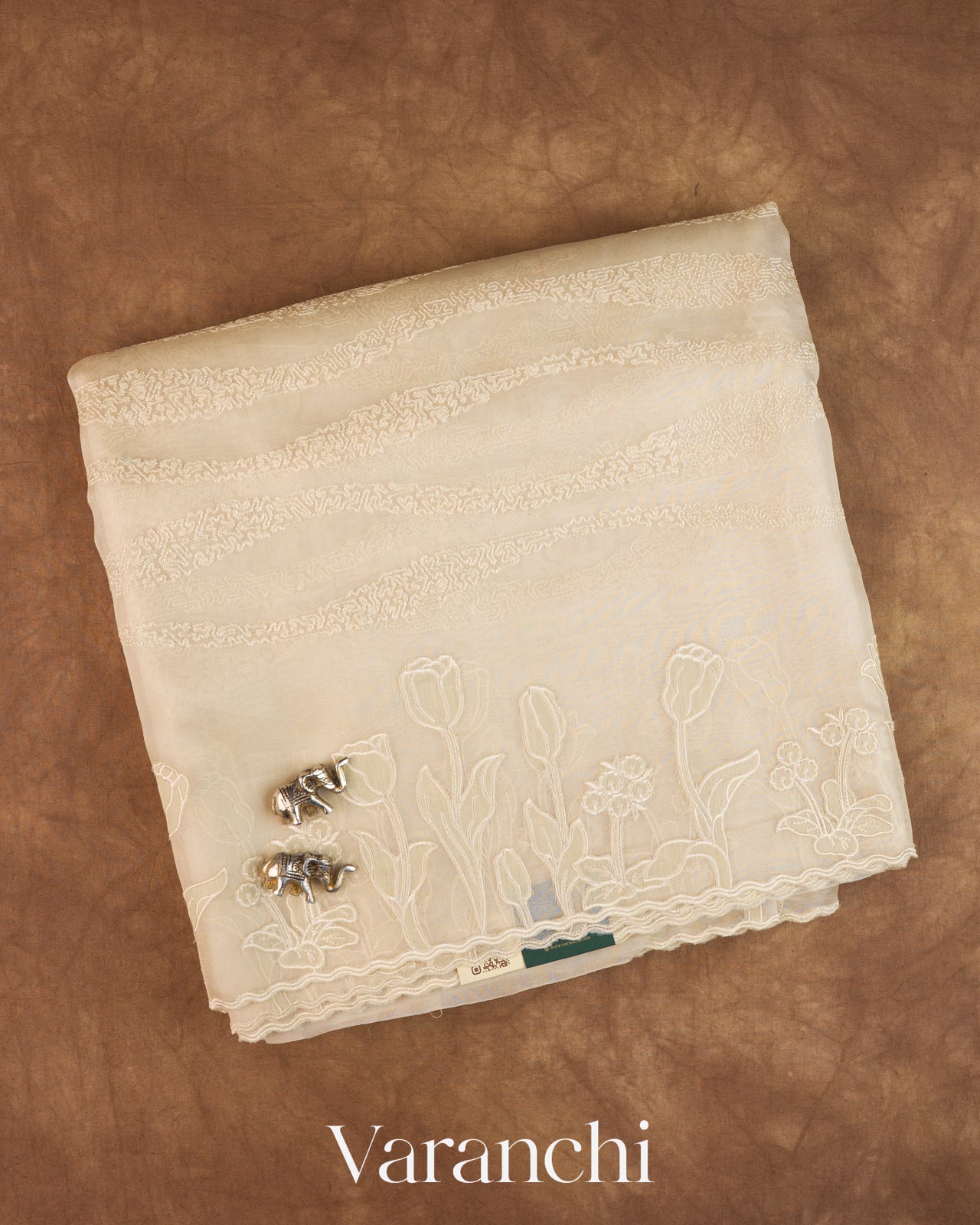 Off White Floral Embroidered Pure Kora Silk Saree