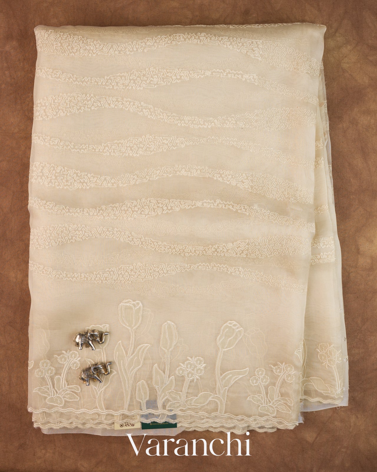 Off White Floral Embroidered Pure Kora Silk Saree