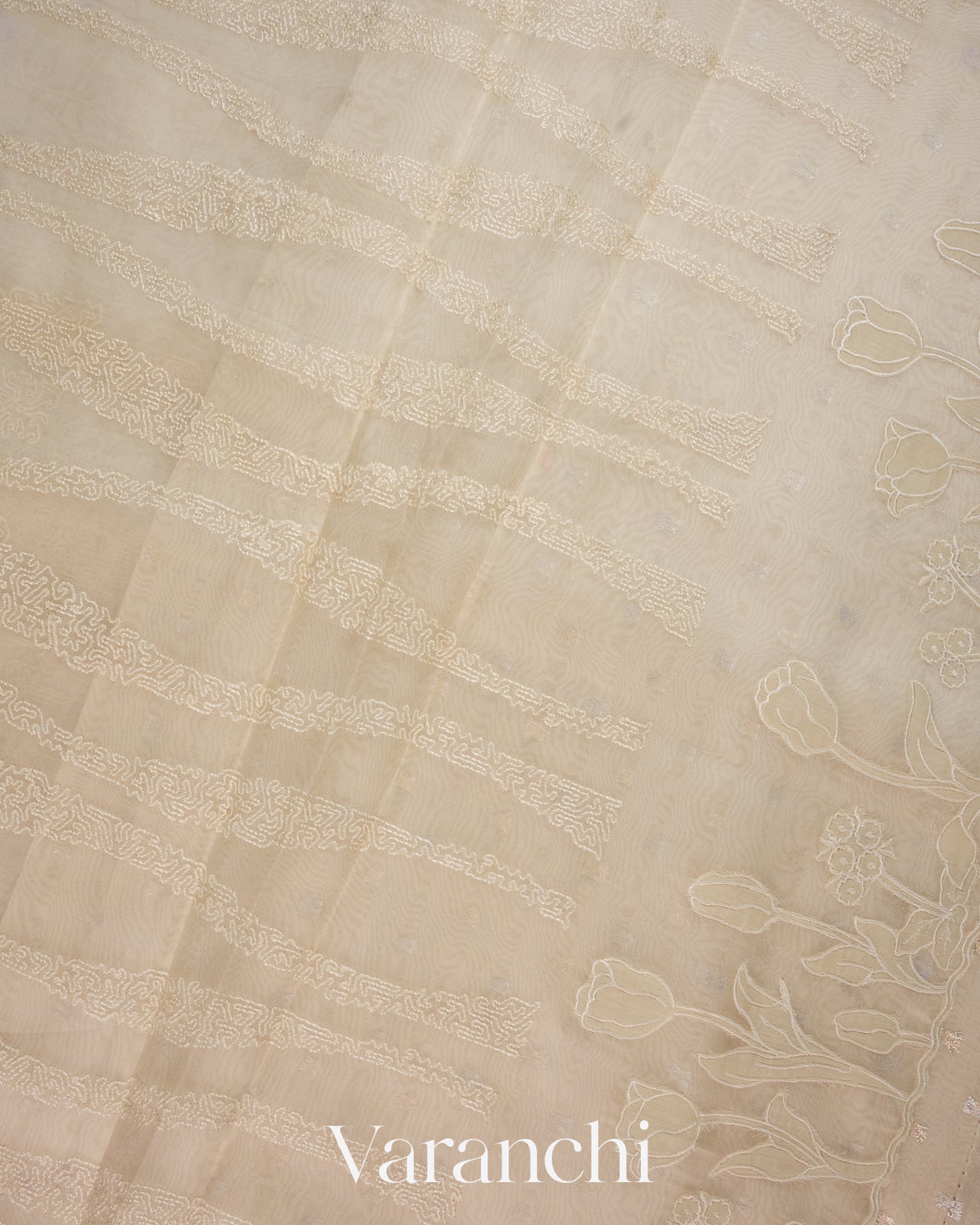 Off White Floral Embroidered Pure Kora Silk Saree