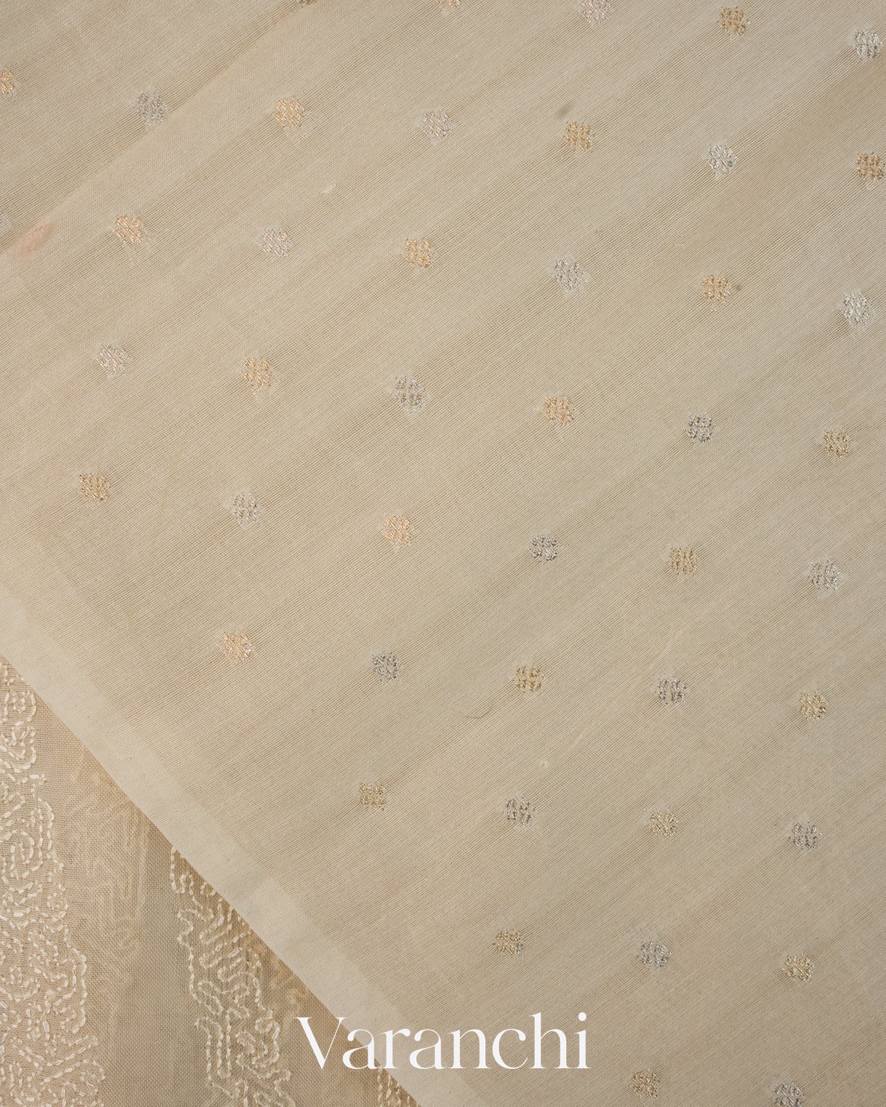 Off White Floral Embroidered Pure Kora Silk Saree
