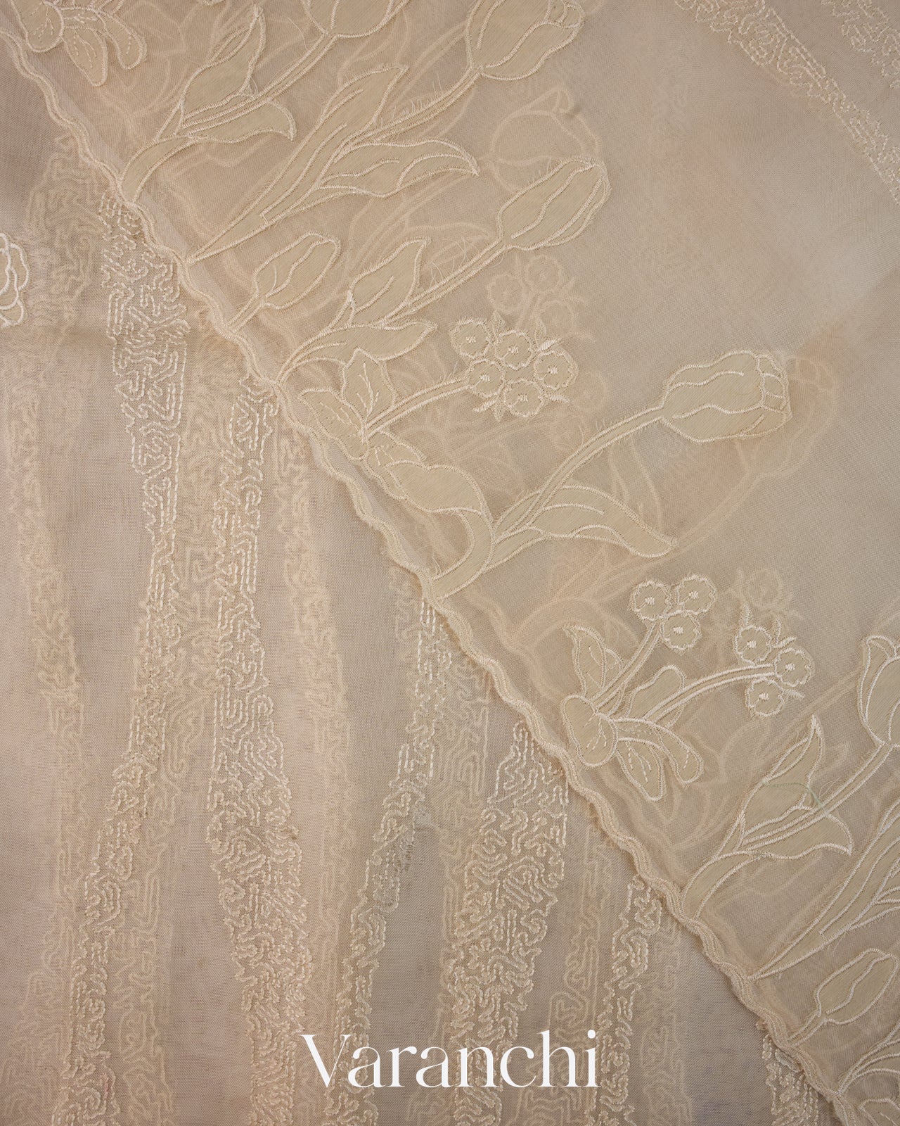 Off White Floral Embroidered Pure Kora Silk Saree