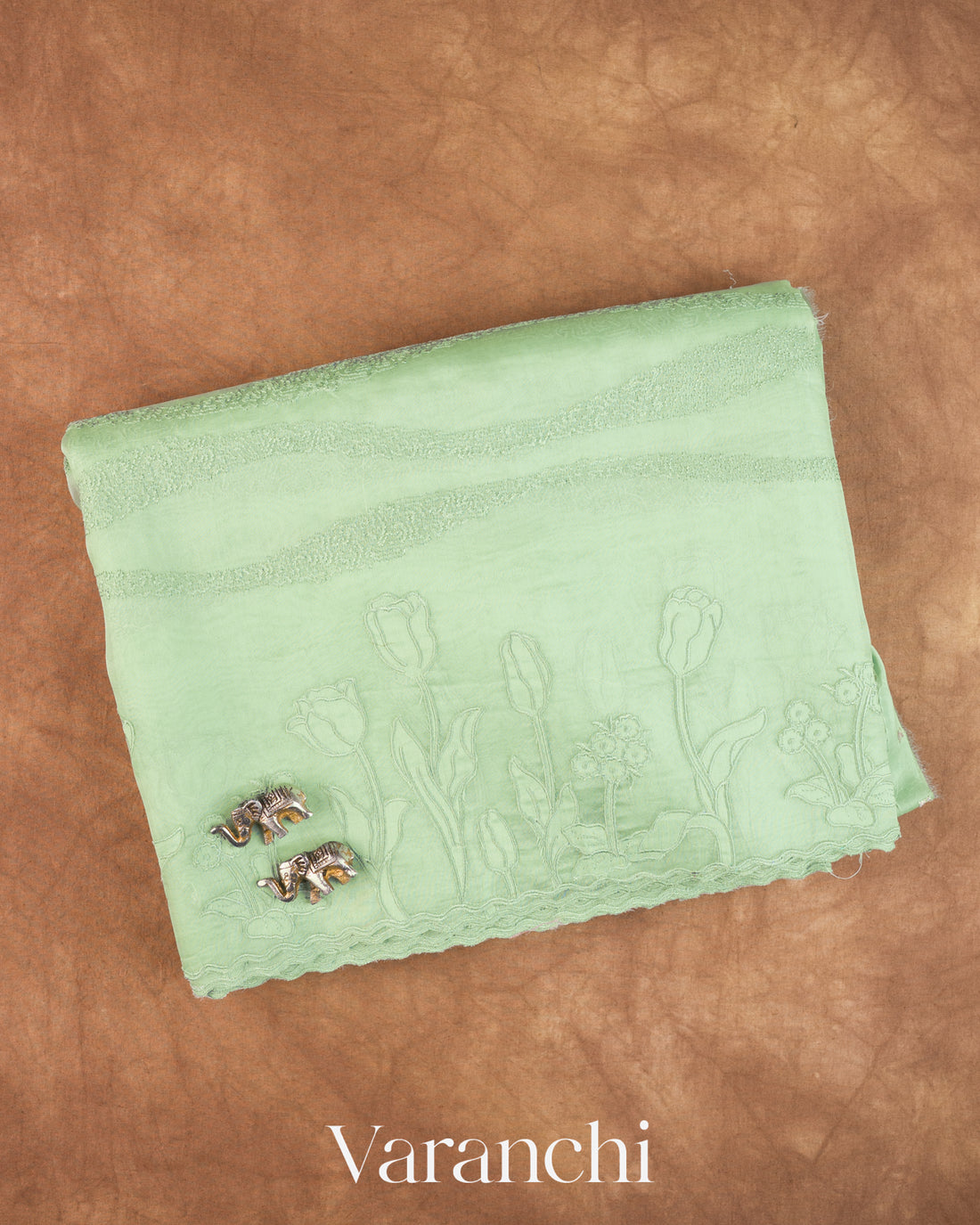 Pale Green Floral Embroidered Pure Kora Silk Saree