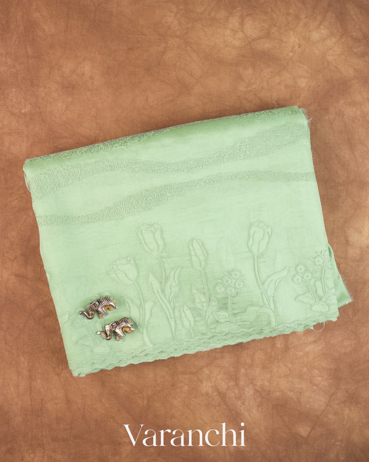 Pale Green Floral Embroidered Pure Kora Silk Saree