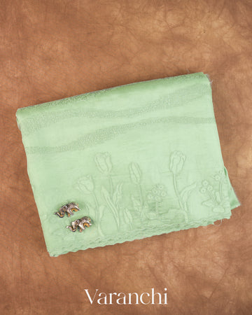 Pale Green Floral Embroidered Pure Kora Silk Saree