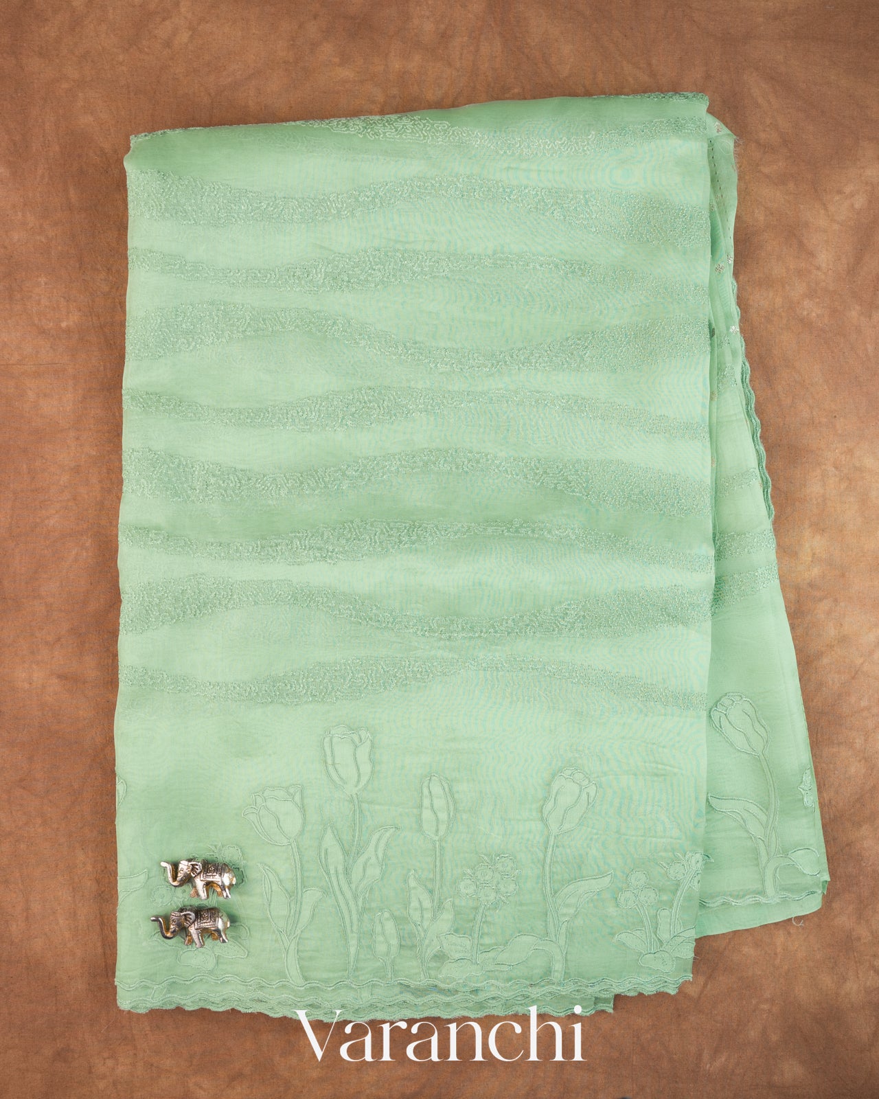 Pale Green Floral Embroidered Pure Kora Silk Saree