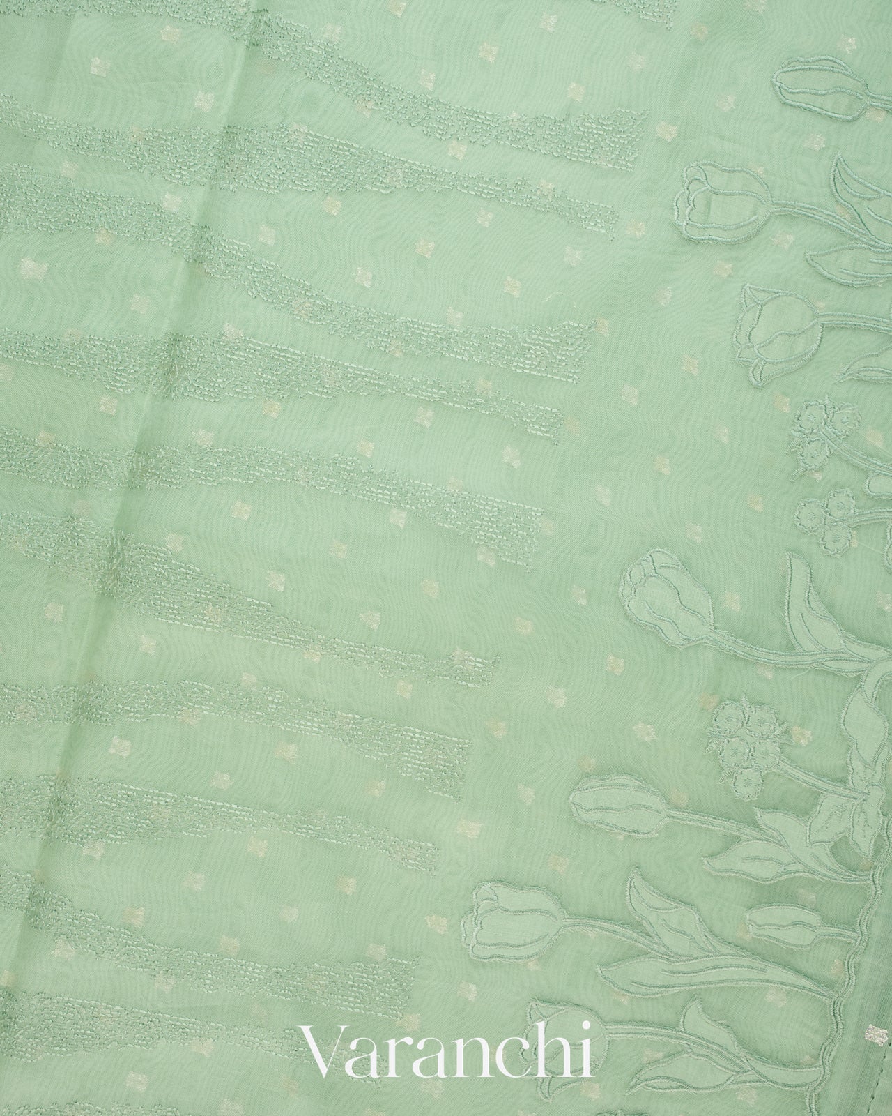 Pale Green Floral Embroidered Pure Kora Silk Saree