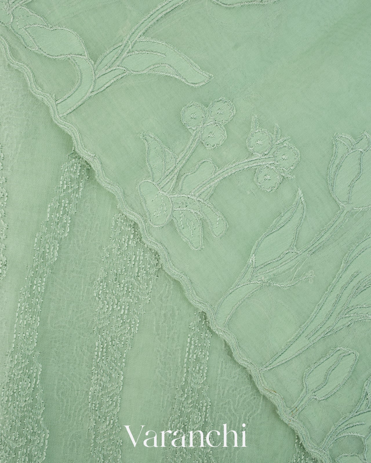 Pale Green Floral Embroidered Pure Kora Silk Saree