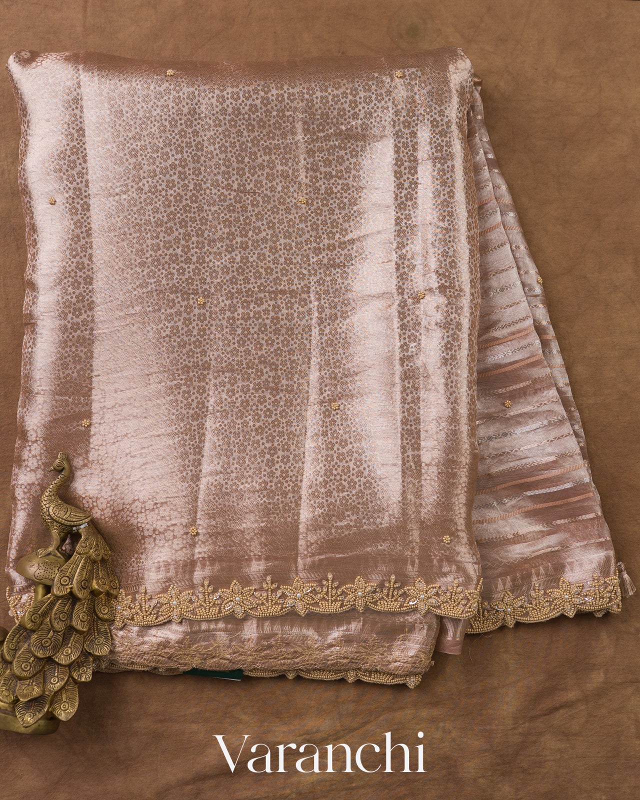 Rose Beige Brocade Pure Kora Silk Saree
