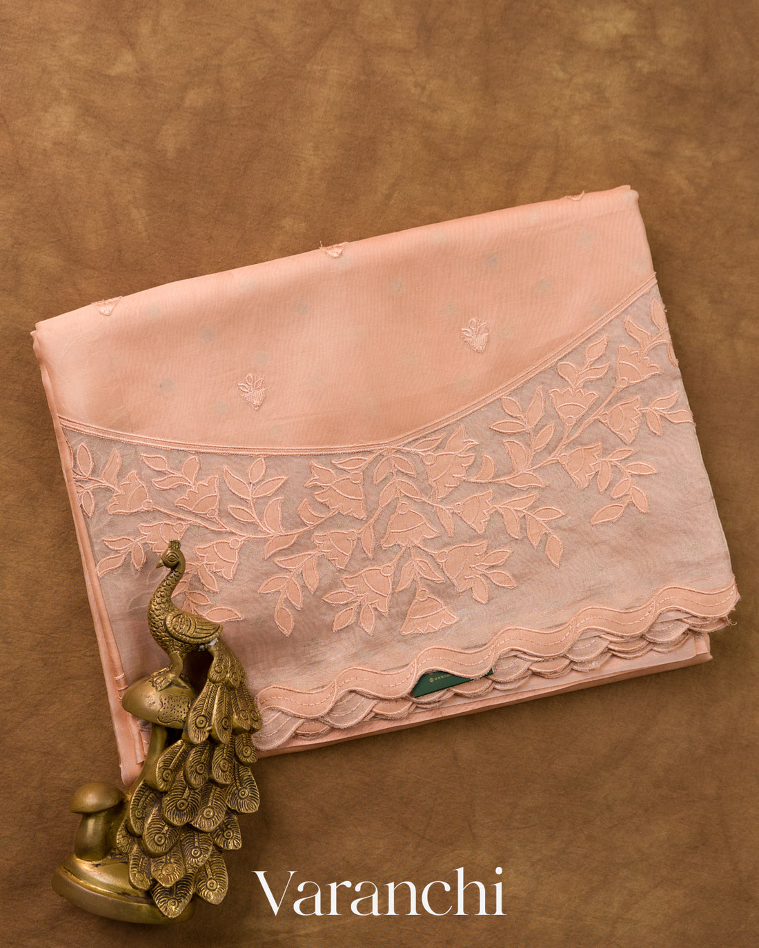 Peach Applique Pure Kora Silk Saree