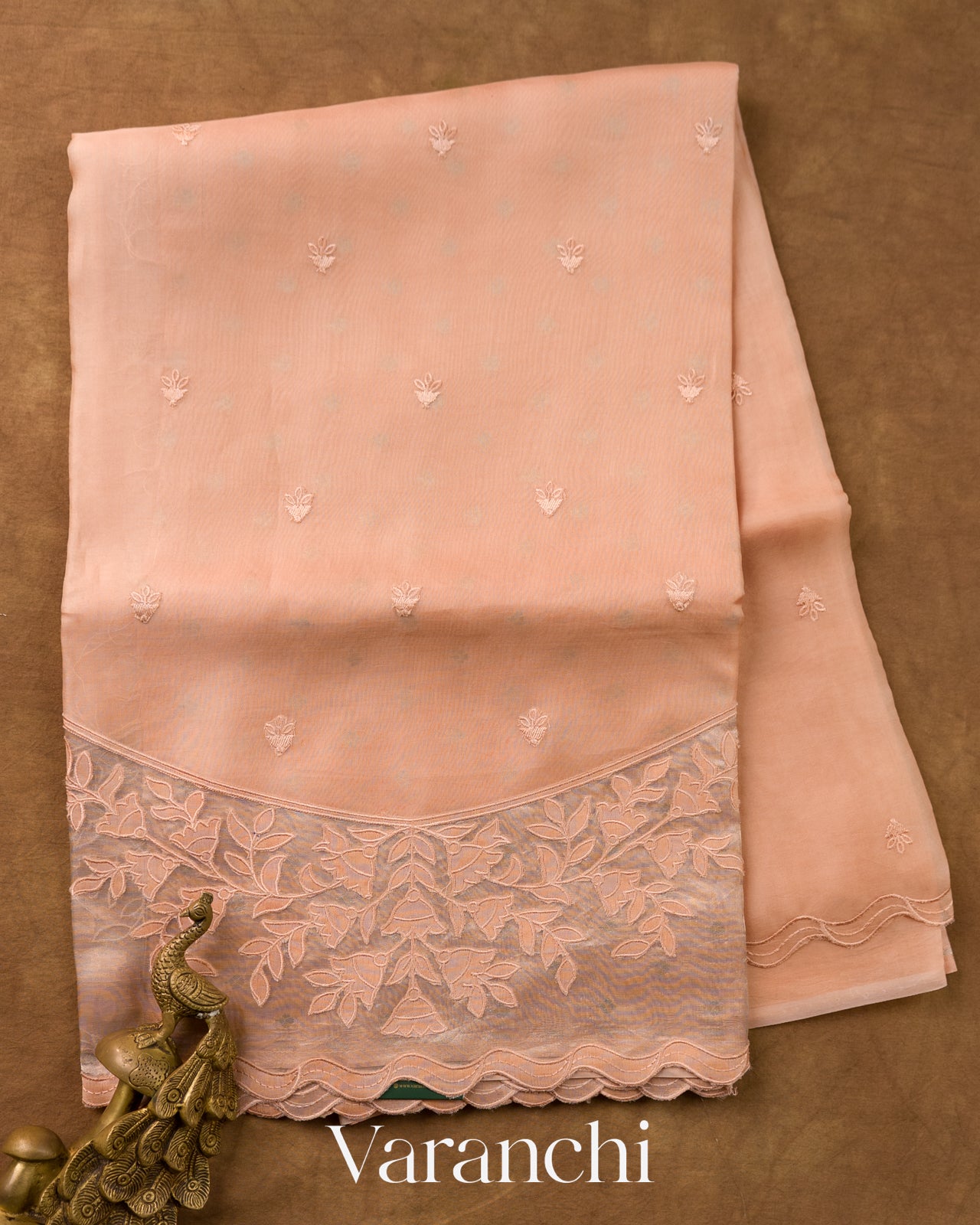 Peach Applique Pure Kora Silk Saree