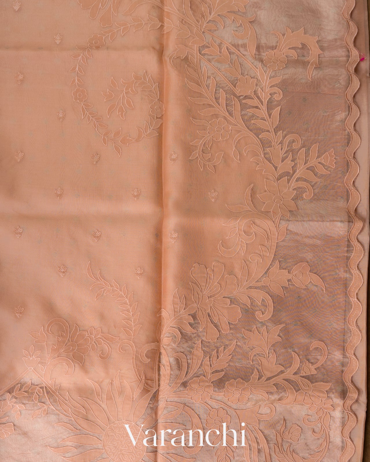 Peach Applique Pure Kora Silk Saree