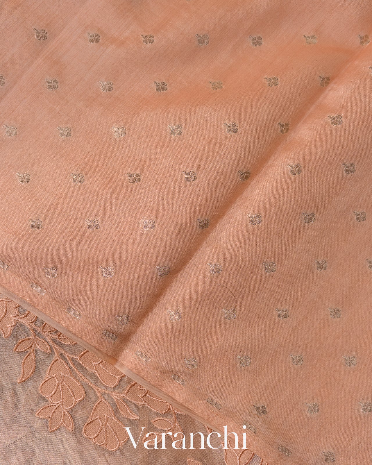 Peach Applique Pure Kora Silk Saree