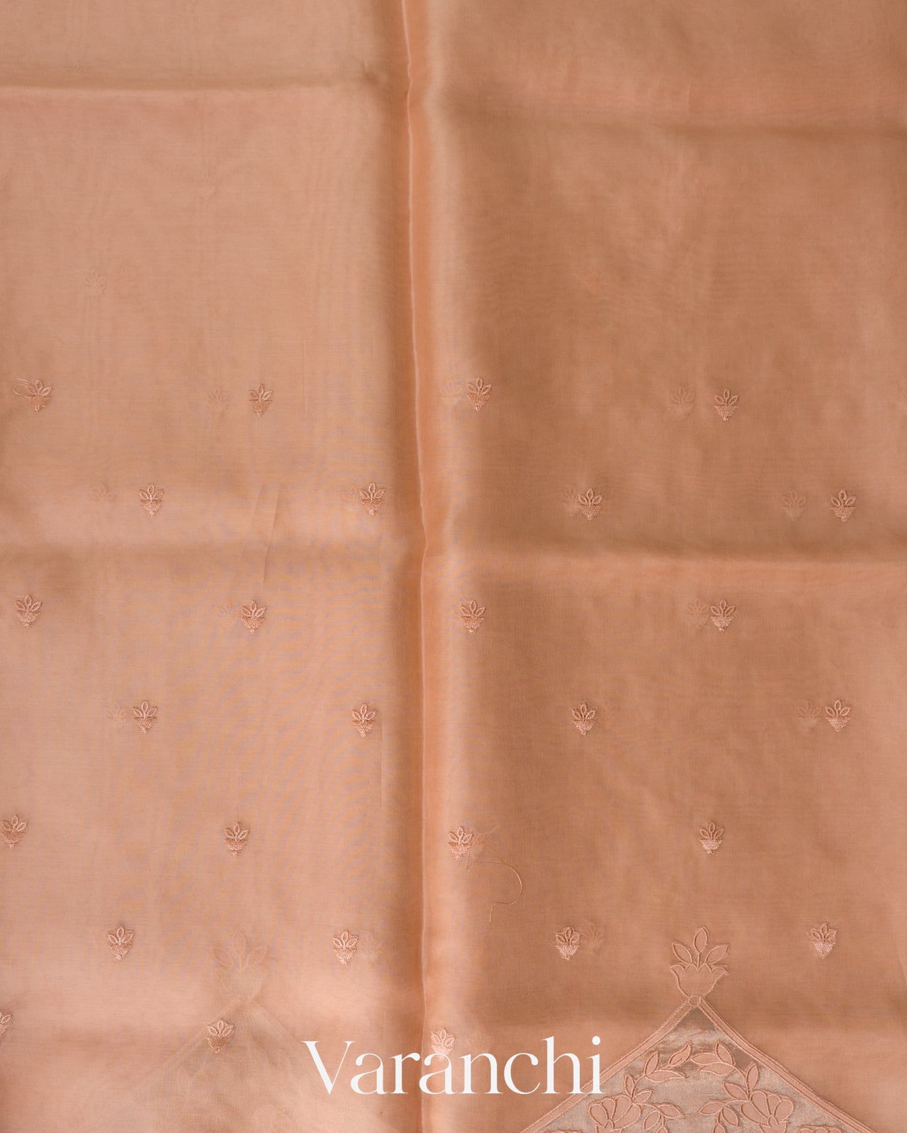 Peach Applique Pure Kora Silk Saree