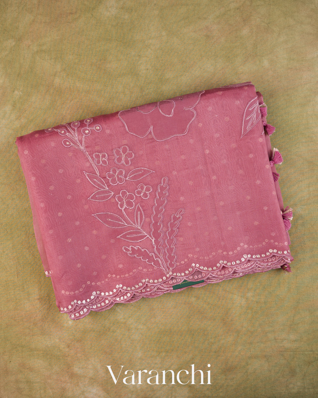 Dusty Rose Floral Applique Pure Kora Silk Saree
