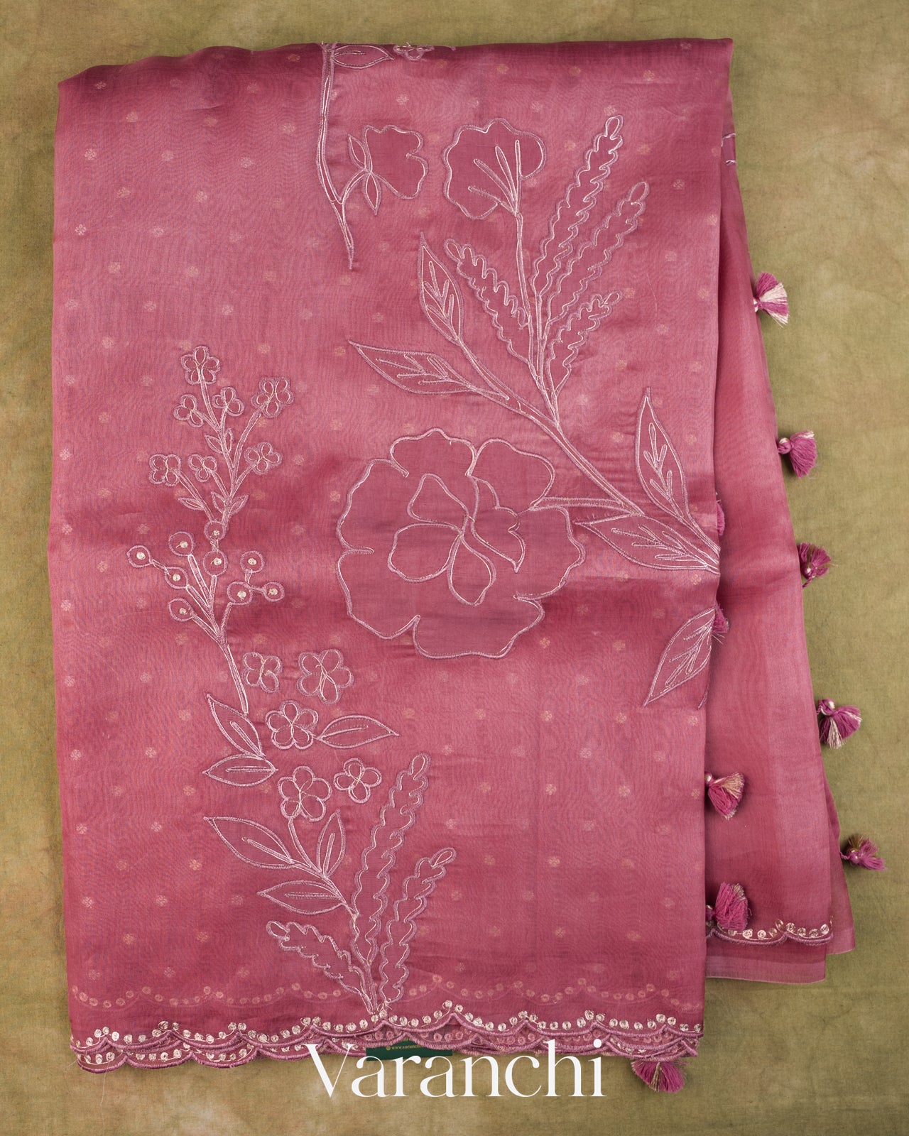 Dusty Rose Floral Applique Pure Kora Silk Saree