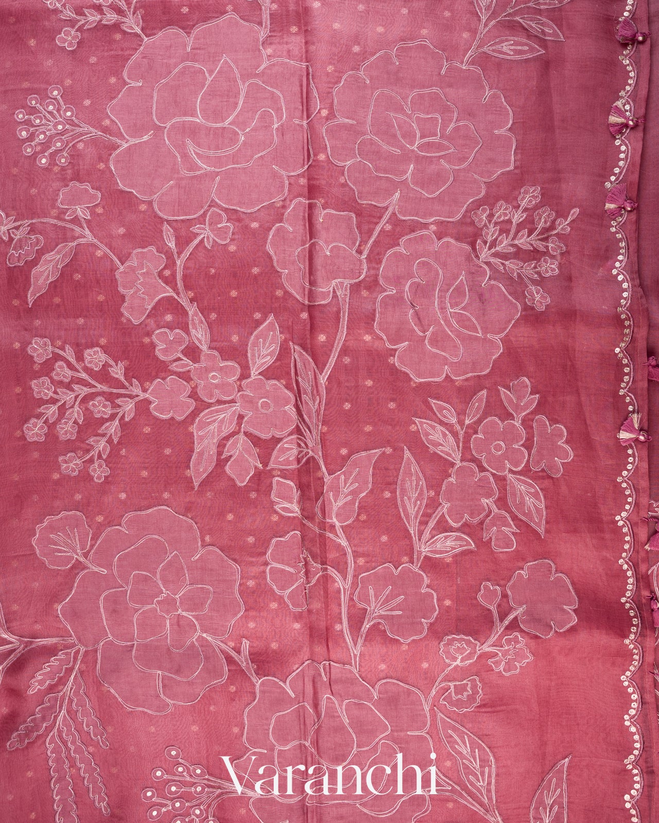 Dusty Rose Floral Applique Pure Kora Silk Saree