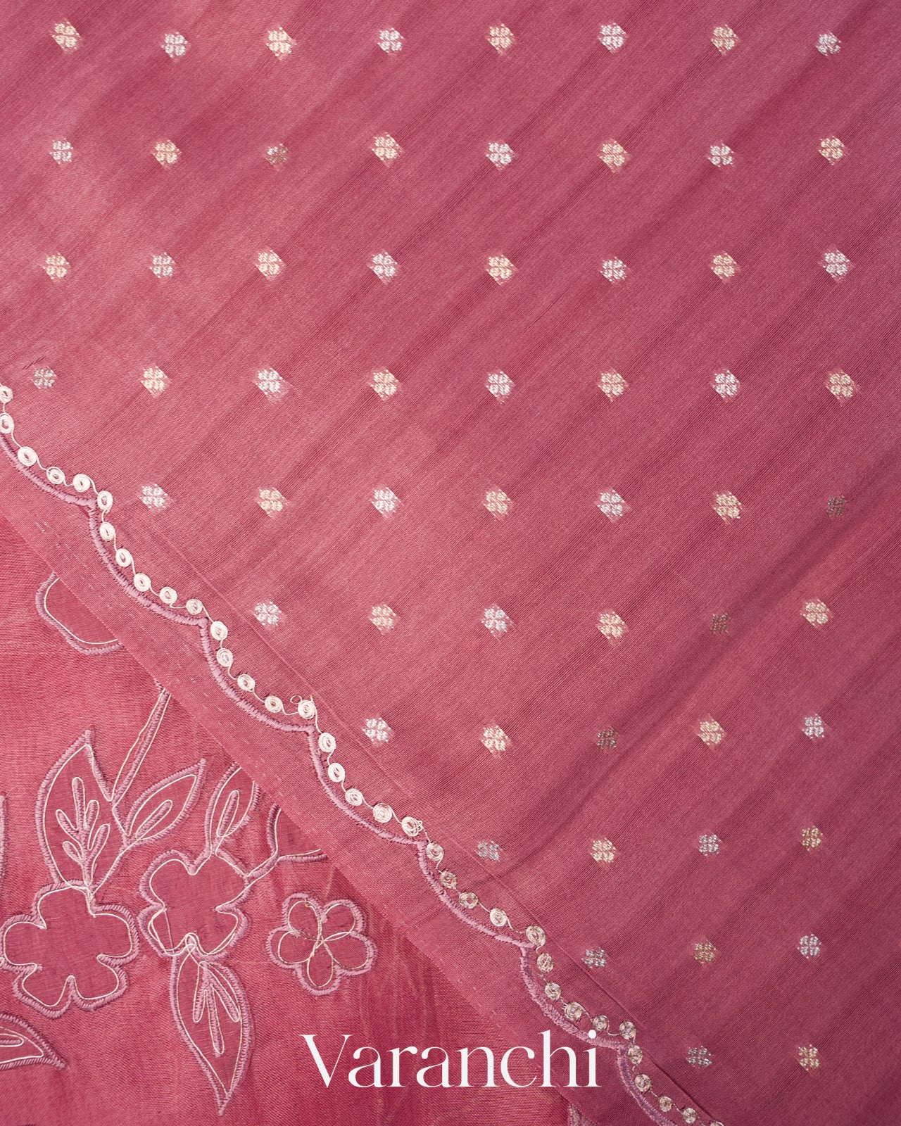 Dusty Rose Floral Applique Pure Kora Silk Saree
