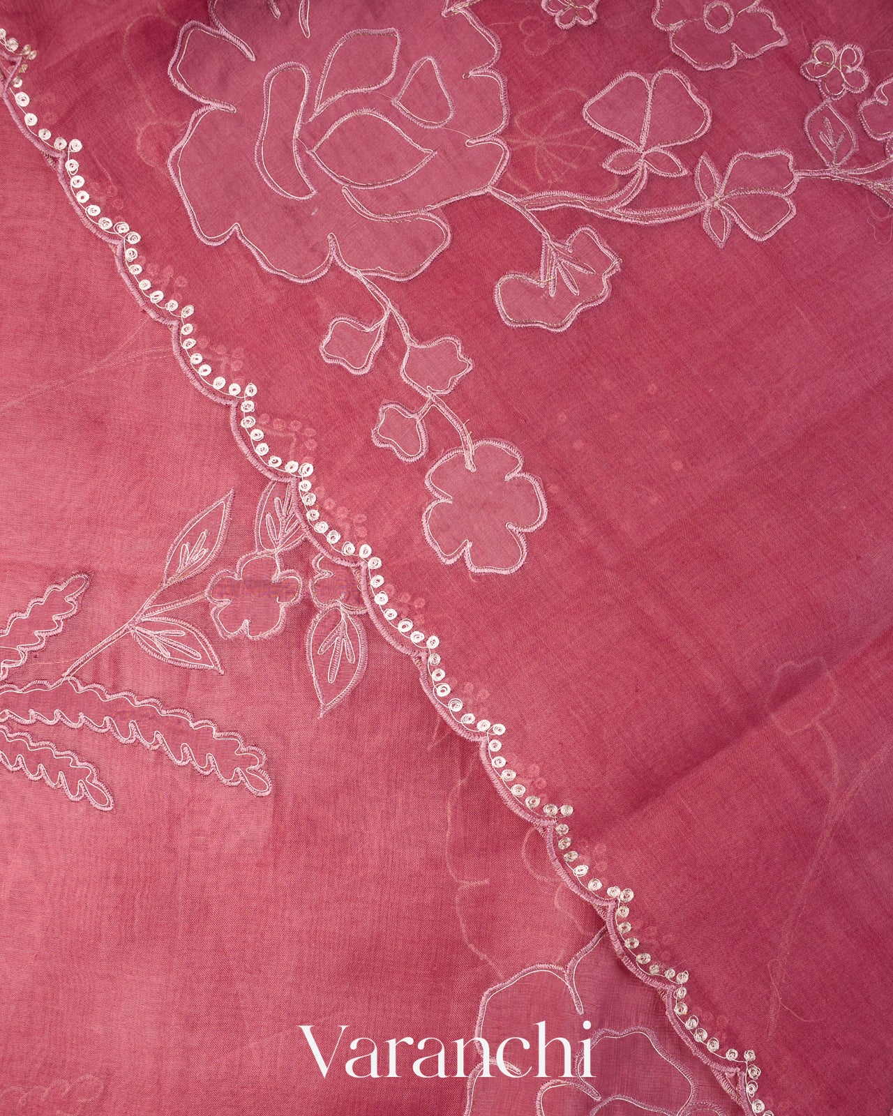 Dusty Rose Floral Applique Pure Kora Silk Saree