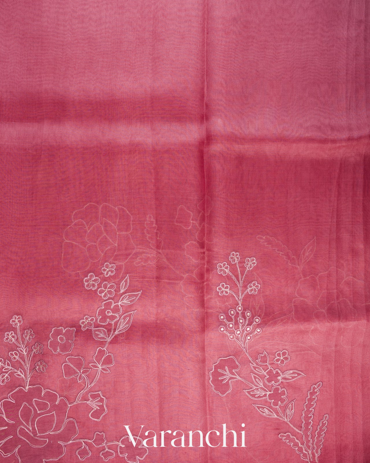 Dusty Rose Floral Applique Pure Kora Silk Saree