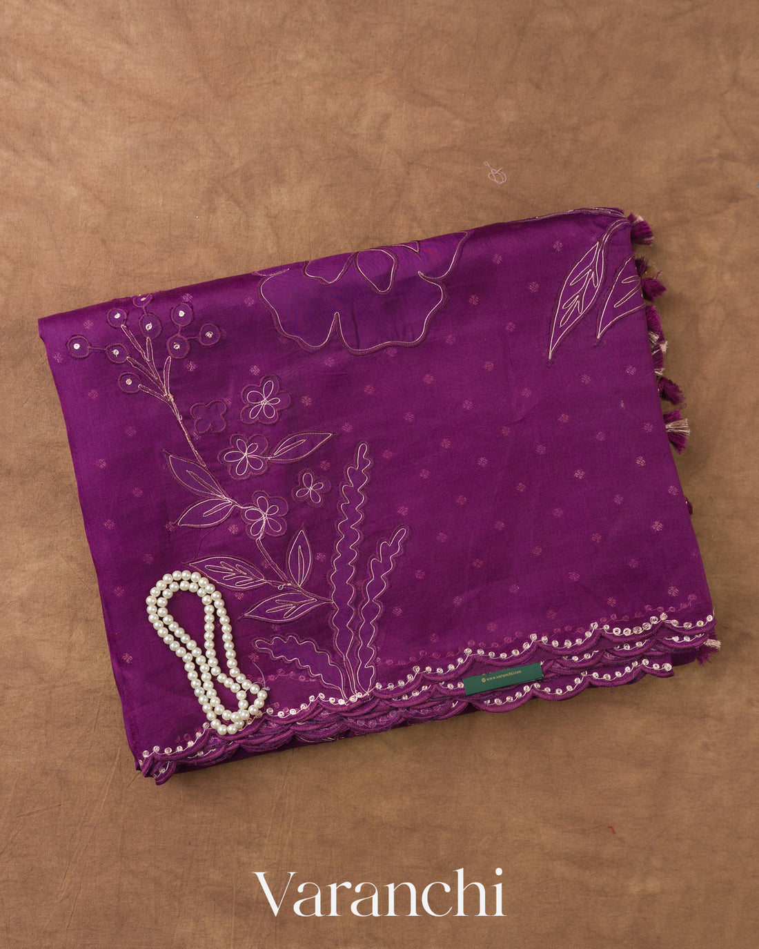 Wine Purple Floral Applique Pure Kora Silk Saree