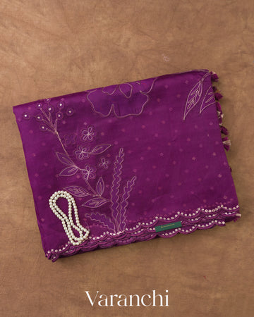 Wine Purple Floral Applique Pure Kora Silk Saree