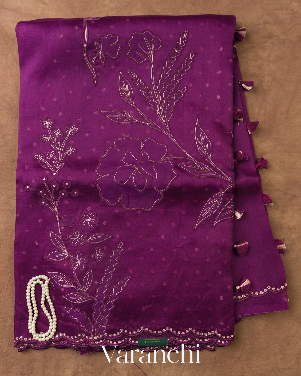 Wine Purple Floral Applique Pure Kora Silk Saree