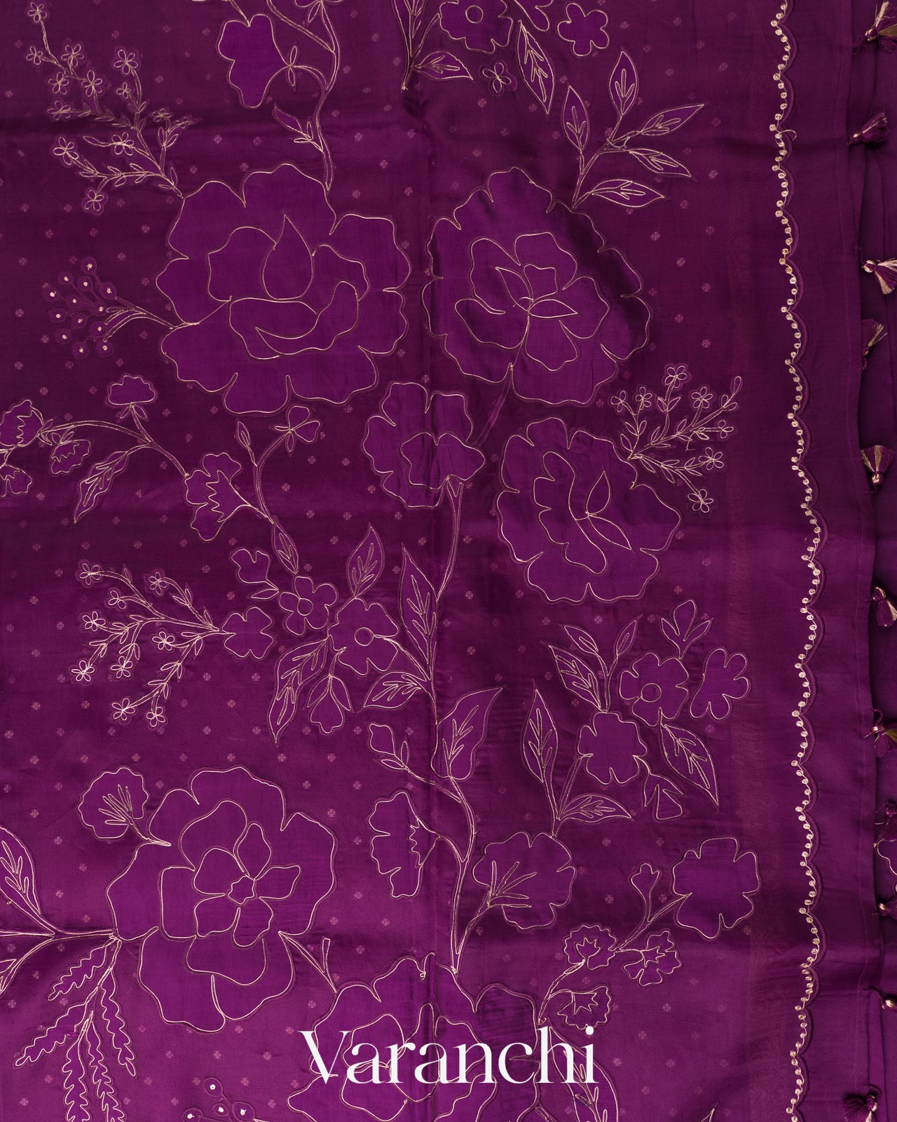 Wine Purple Floral Applique Pure Kora Silk Saree