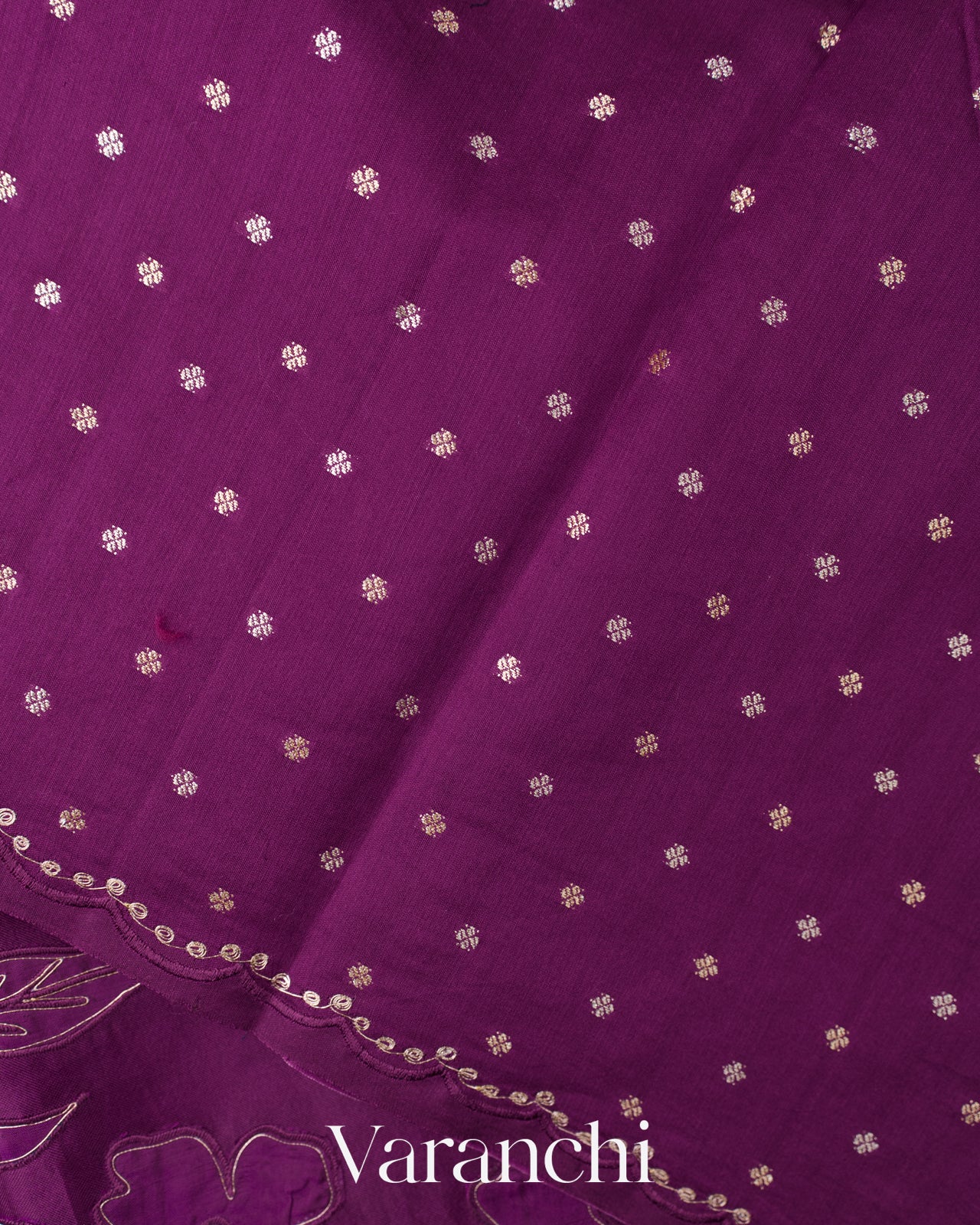 Wine Purple Floral Applique Pure Kora Silk Saree