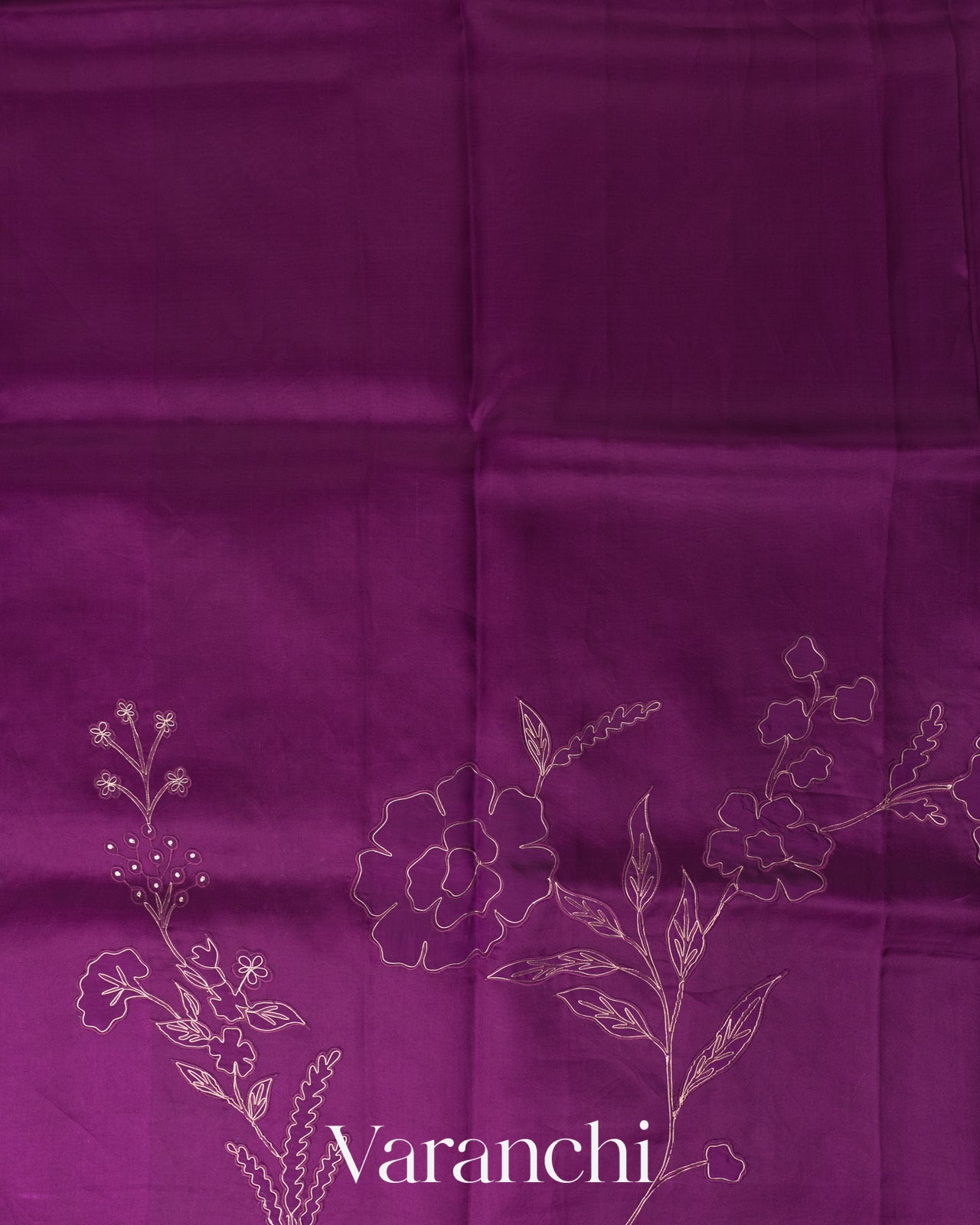 Wine Purple Floral Applique Pure Kora Silk Saree