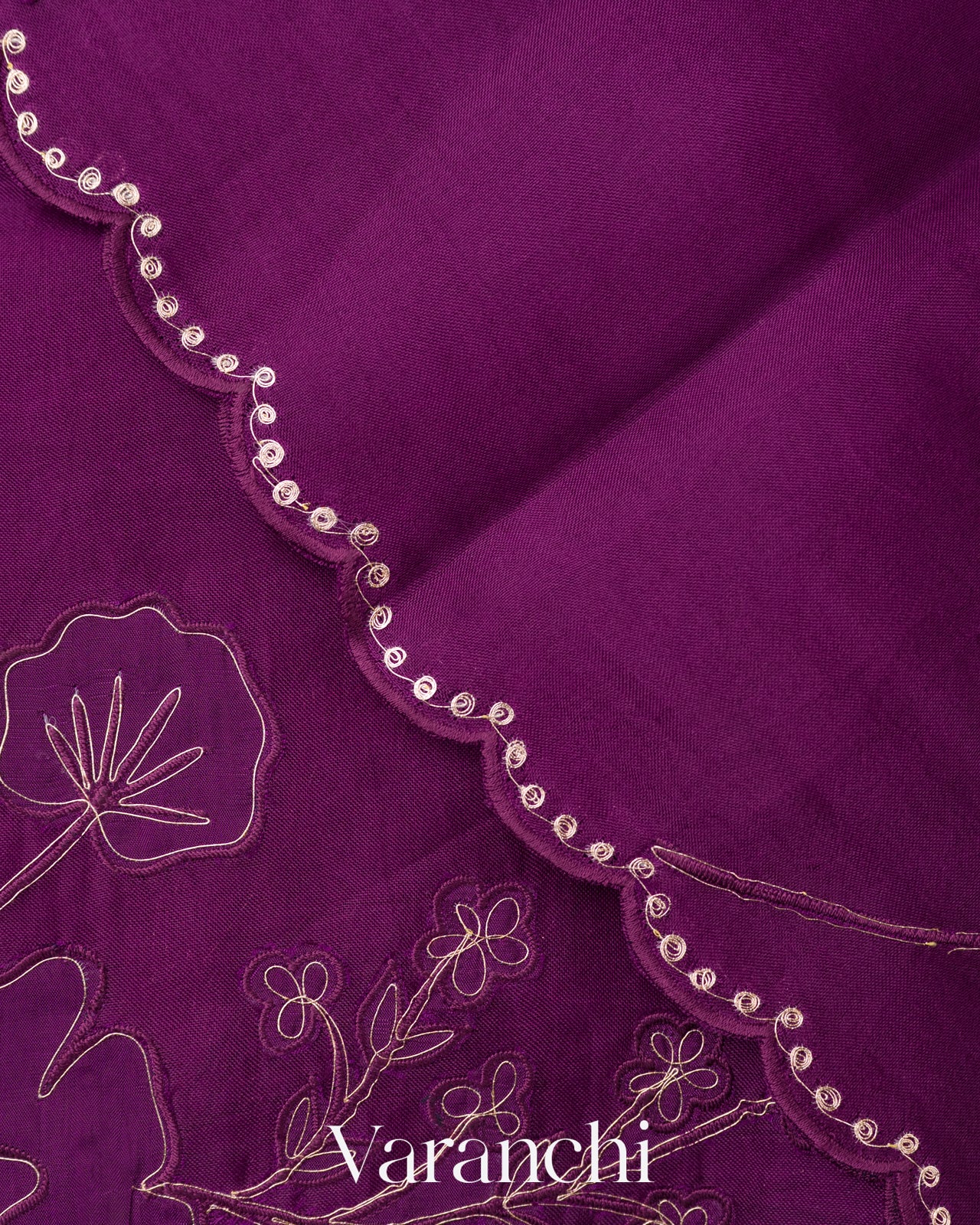 Wine Purple Floral Applique Pure Kora Silk Saree