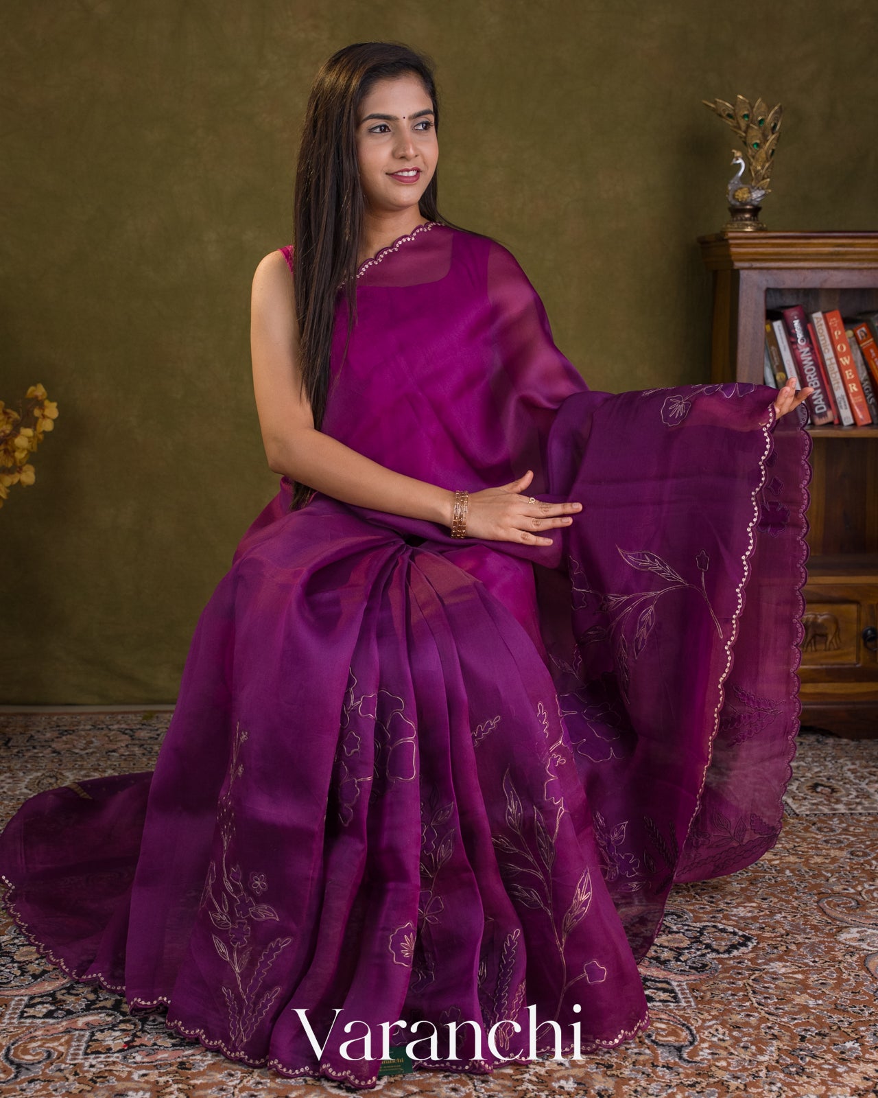 Wine Purple Floral Applique Pure Kora Silk Saree