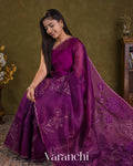 Wine Purple Floral Applique Pure Kora Silk Saree
