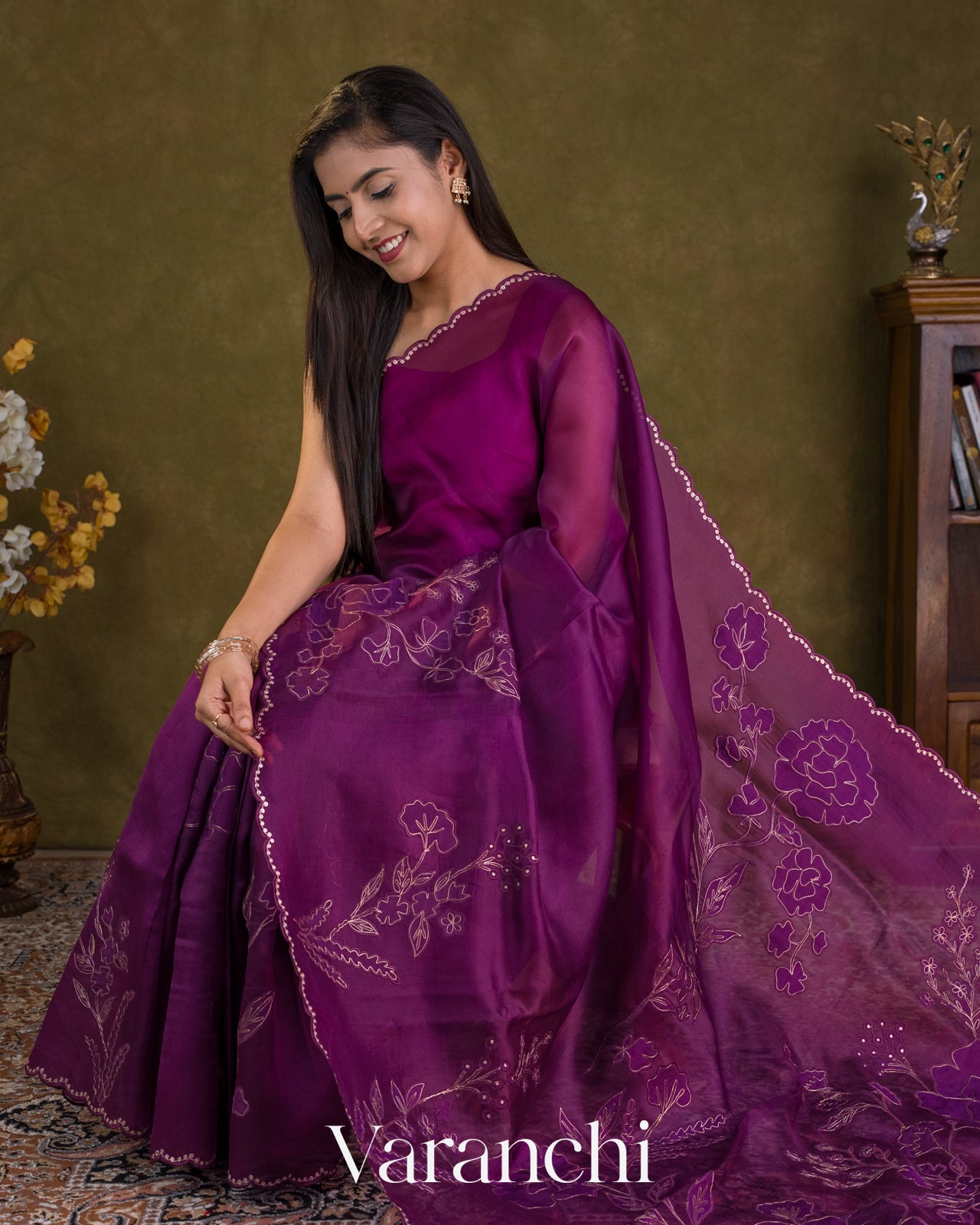Wine Purple Floral Applique Pure Kora Silk Saree