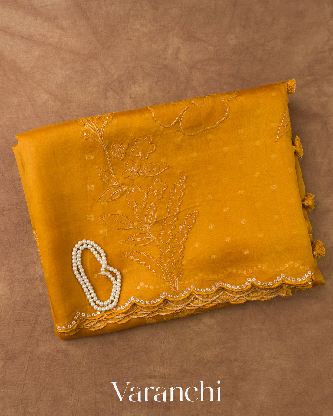 Mustard Yellow Floral Applique Pure Kora Silk Saree