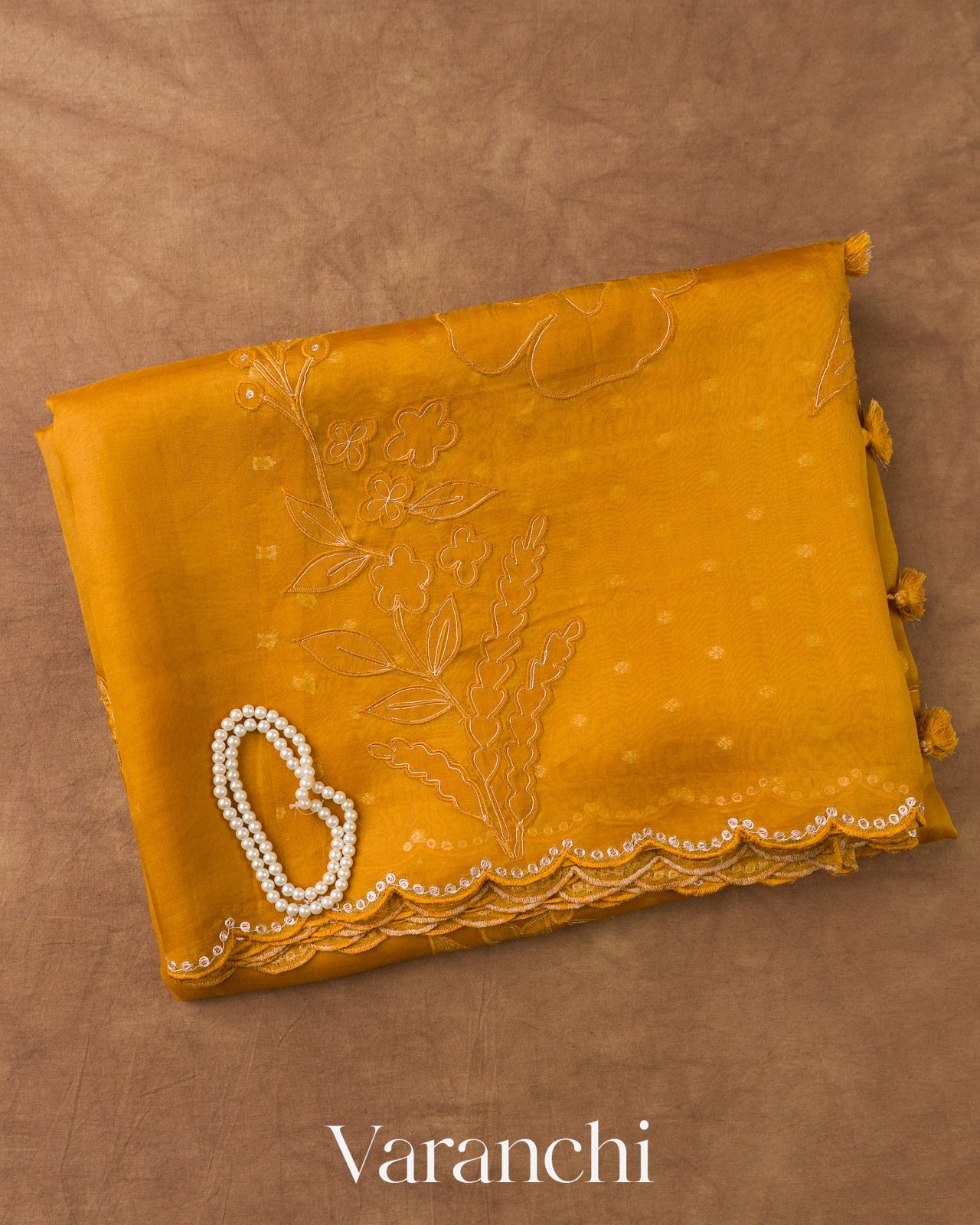 Mustard Yellow Floral Applique Pure Kora Silk Saree