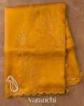 Mustard Yellow Floral Applique Pure Kora Silk Saree