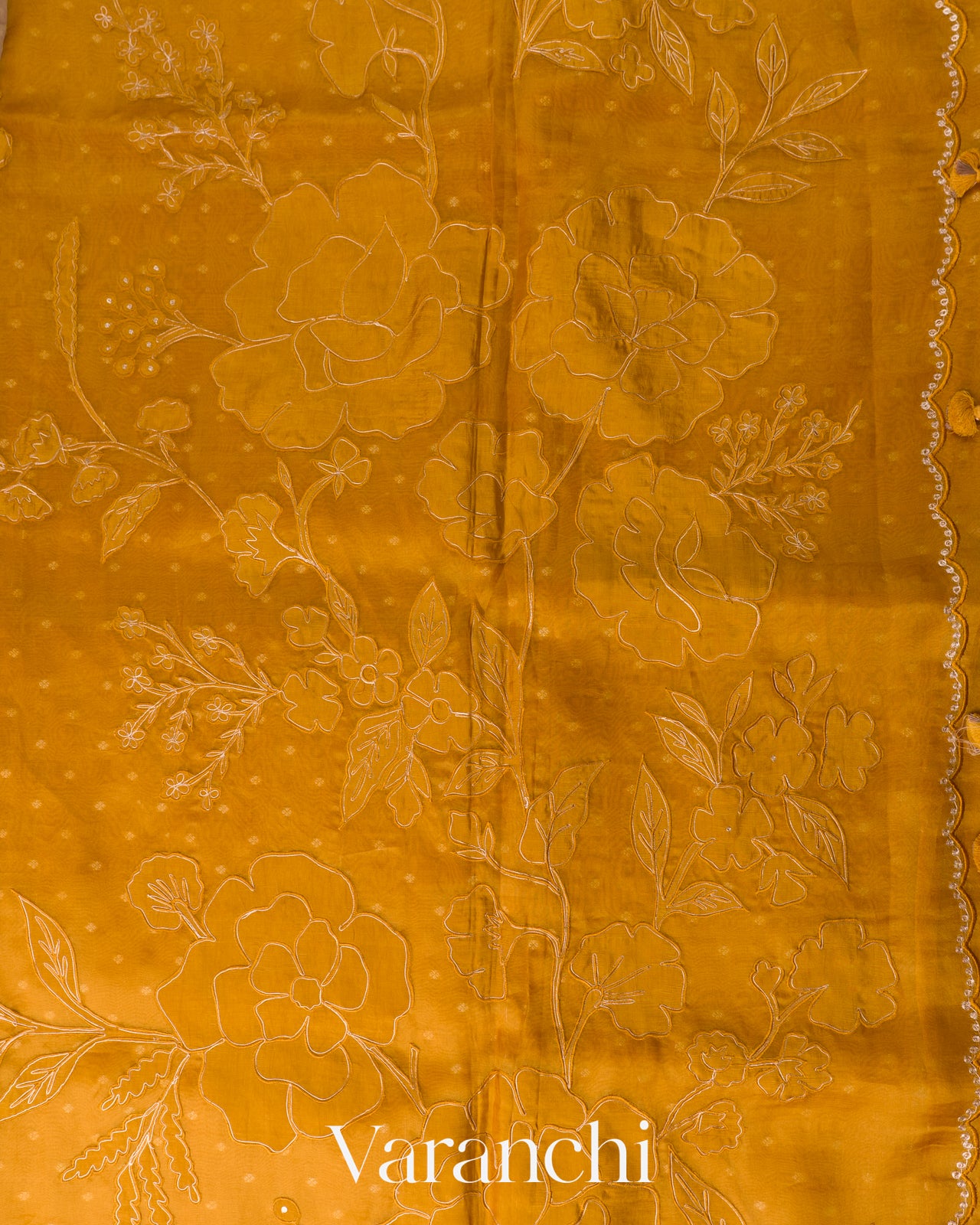 Mustard Yellow Floral Applique Pure Kora Silk Saree